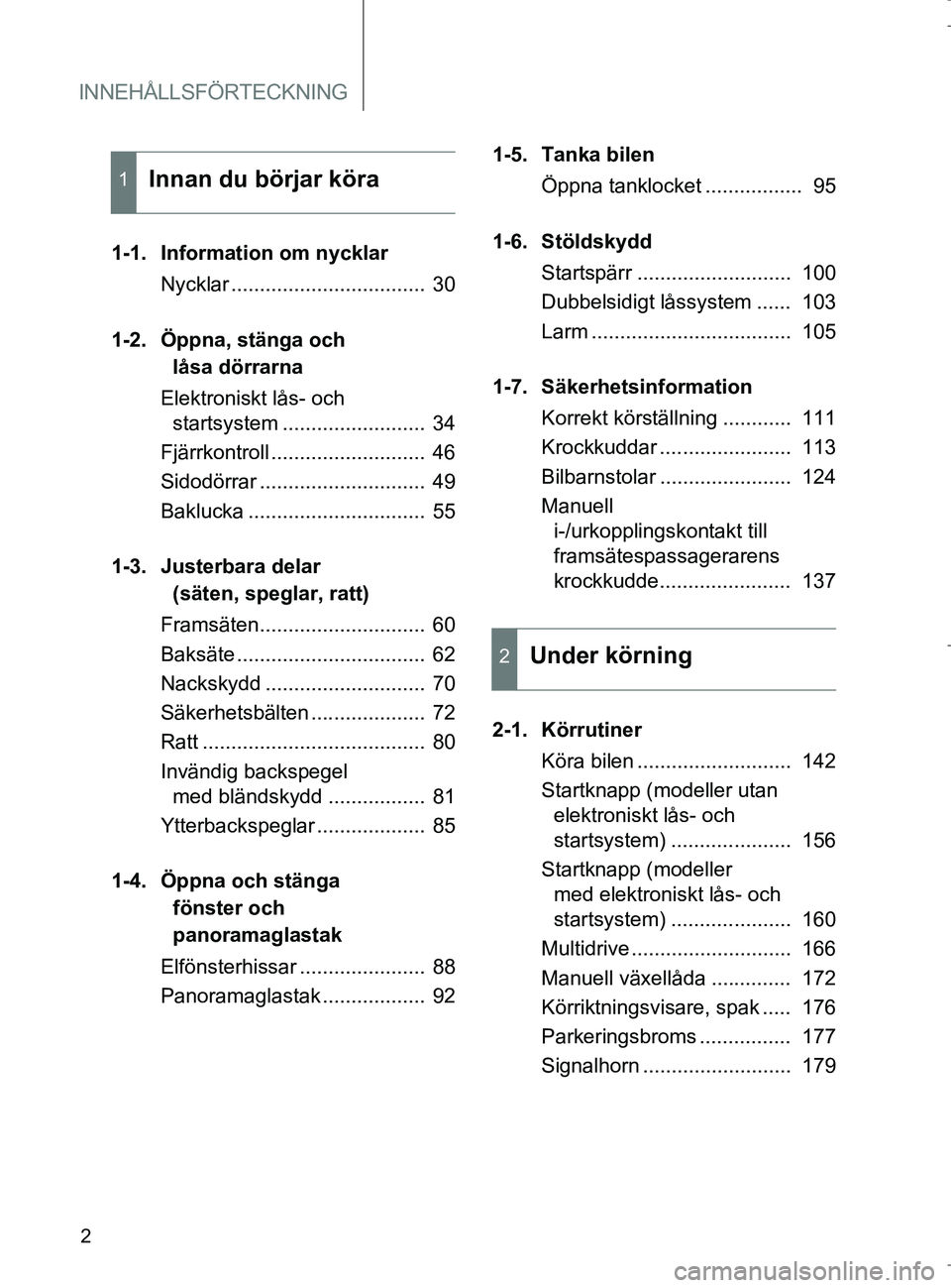TOYOTA VERSO 2017 Bruksanvisningar (in Swedish) INNEHÅLLSFÖRTECKNING
2
OM64517SE
1-1. Information om nycklarNycklar .................................. 30
1-2. Öppna, stänga och låsa dörrarna
Elektroniskt lås- och startsystem ............. TOYOTA VERSO 2017 Bruksanvisningar (in Swedish) INNEHÅLLSFÖRTECKNING
2
OM64517SE
1-1. Information om nycklarNycklar .................................. 30
1-2. Öppna, stänga och låsa dörrarna
Elektroniskt lås- och startsystem .............