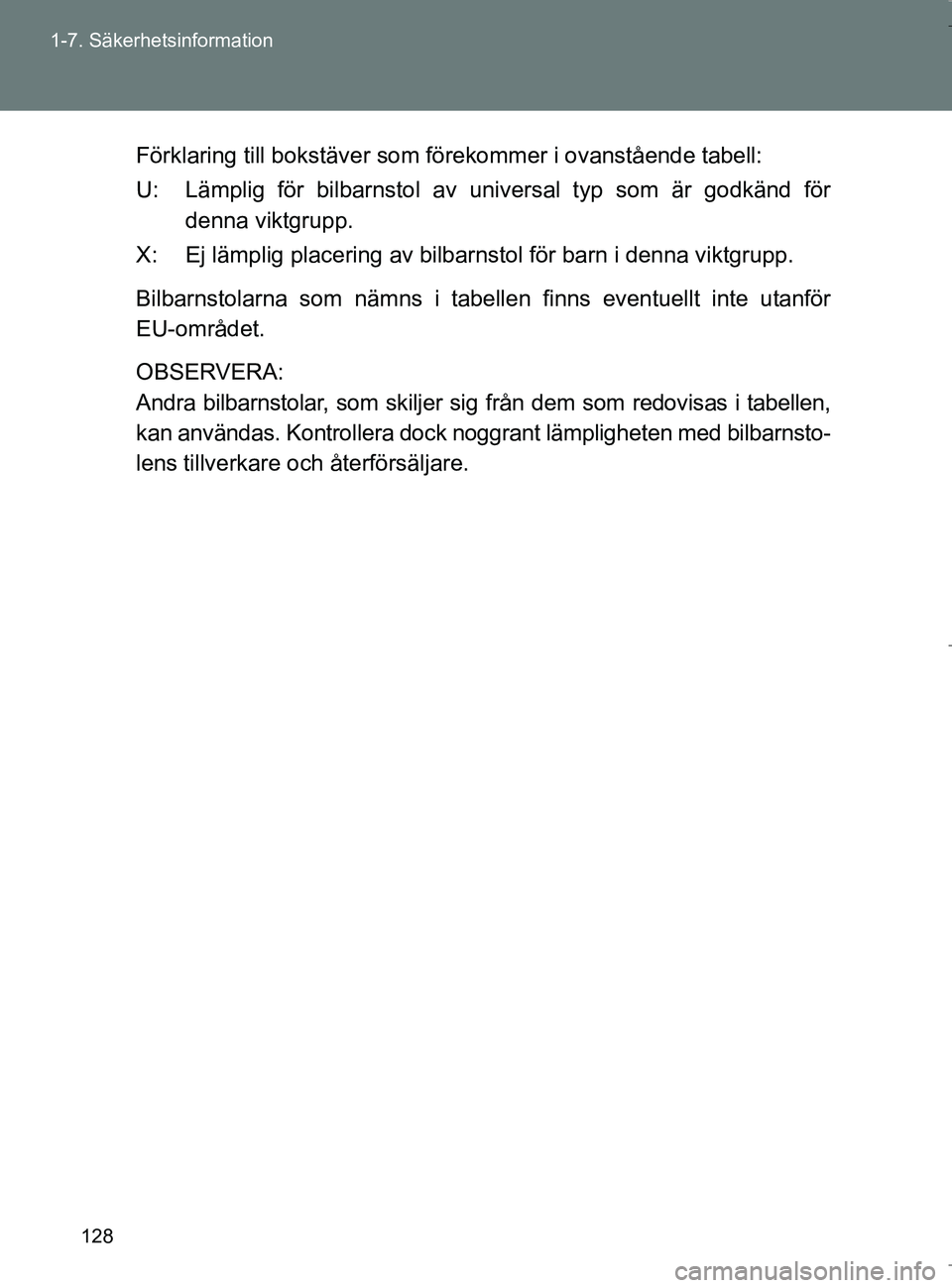 TOYOTA VERSO 2017 Bruksanvisningar (in Swedish) 128
1-7. Säkerhetsinformation
OM64517SE
Förklaring till bokstäv
er som förekommer i ovanstående tabell:
U: Lämplig för bilbarnstol av universal typ som är godkänd för denna viktgrupp.
X: Ej TOYOTA VERSO 2017 Bruksanvisningar (in Swedish) 128
1-7. Säkerhetsinformation
OM64517SE
Förklaring till bokstäv
er som förekommer i ovanstående tabell:
U: Lämplig för bilbarnstol av universal typ som är godkänd för denna viktgrupp.
X: Ej