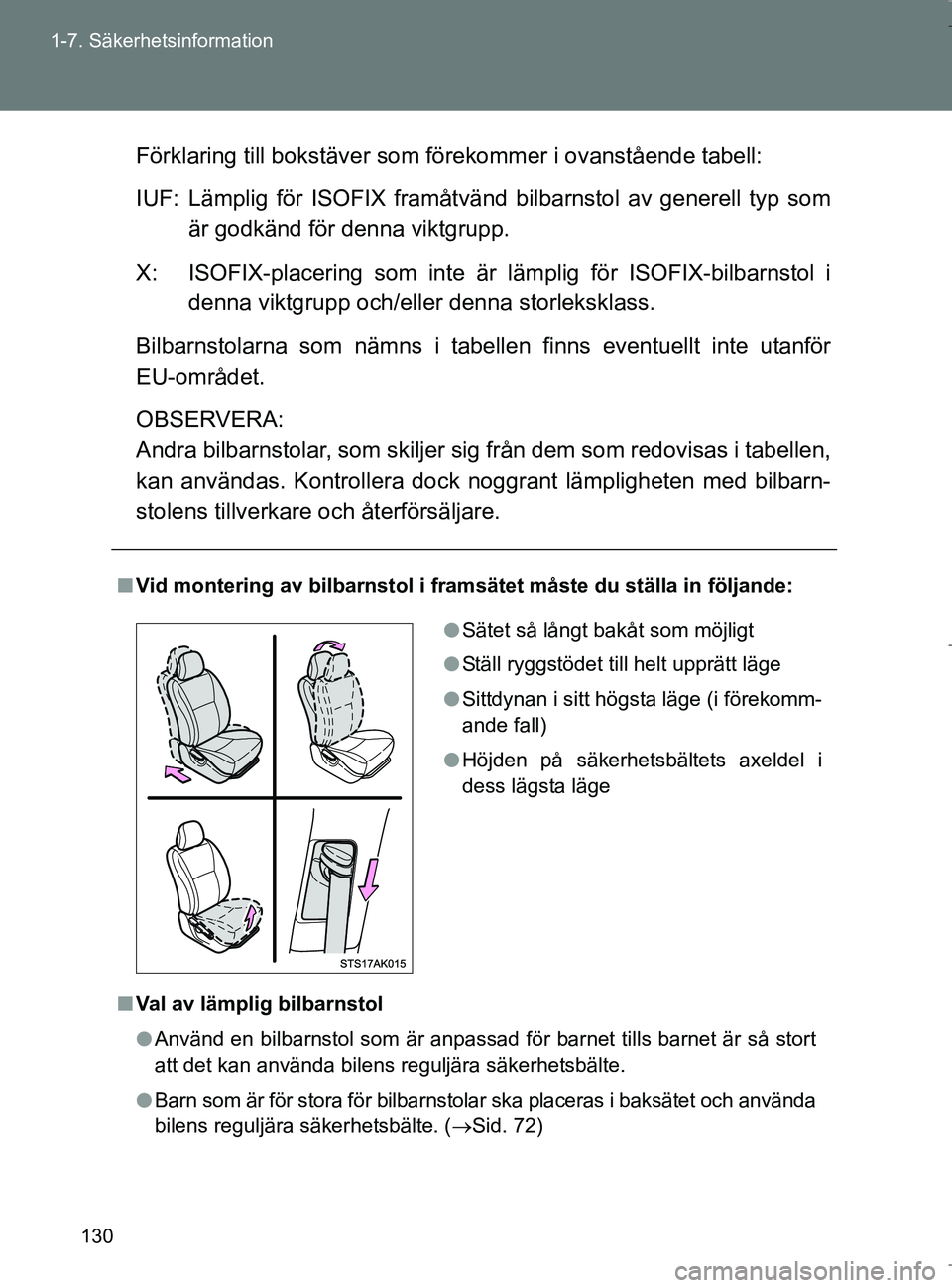TOYOTA VERSO 2017 Bruksanvisningar (in Swedish) 130
1-7. Säkerhetsinformation
OM64517SE
Förklaring till bokstäv
er som förekommer i ovanstående tabell:
IUF: Lämplig för ISOFIX framåtvänd bilbarnstol av generell typ som
är godkänd för d TOYOTA VERSO 2017 Bruksanvisningar (in Swedish) 130
1-7. Säkerhetsinformation
OM64517SE
Förklaring till bokstäv
er som förekommer i ovanstående tabell:
IUF: Lämplig för ISOFIX framåtvänd bilbarnstol av generell typ som
är godkänd för d