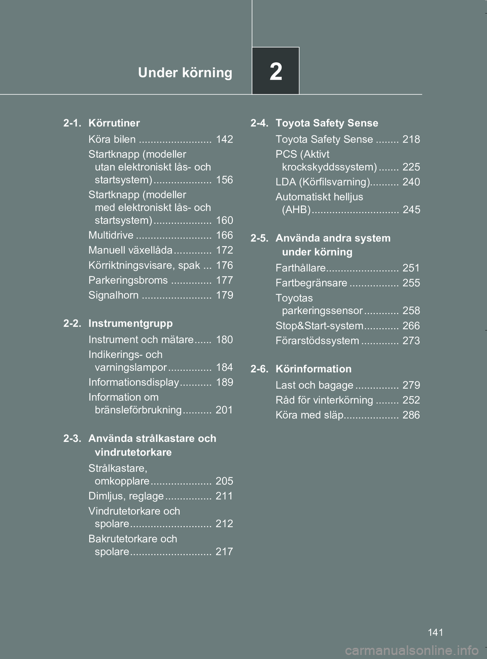 TOYOTA VERSO 2017 Bruksanvisningar (in Swedish) 2Under körning
141
OM64517SE
2-1. KörrutinerKöra bilen ......................... 142
Startknapp (modeller utan elektroniskt lås- och
startsystem) .................... 156
Startknapp (modeller TOYOTA VERSO 2017 Bruksanvisningar (in Swedish) 2Under körning
141
OM64517SE
2-1. KörrutinerKöra bilen ......................... 142
Startknapp (modeller utan elektroniskt lås- och
startsystem) .................... 156
Startknapp (modeller