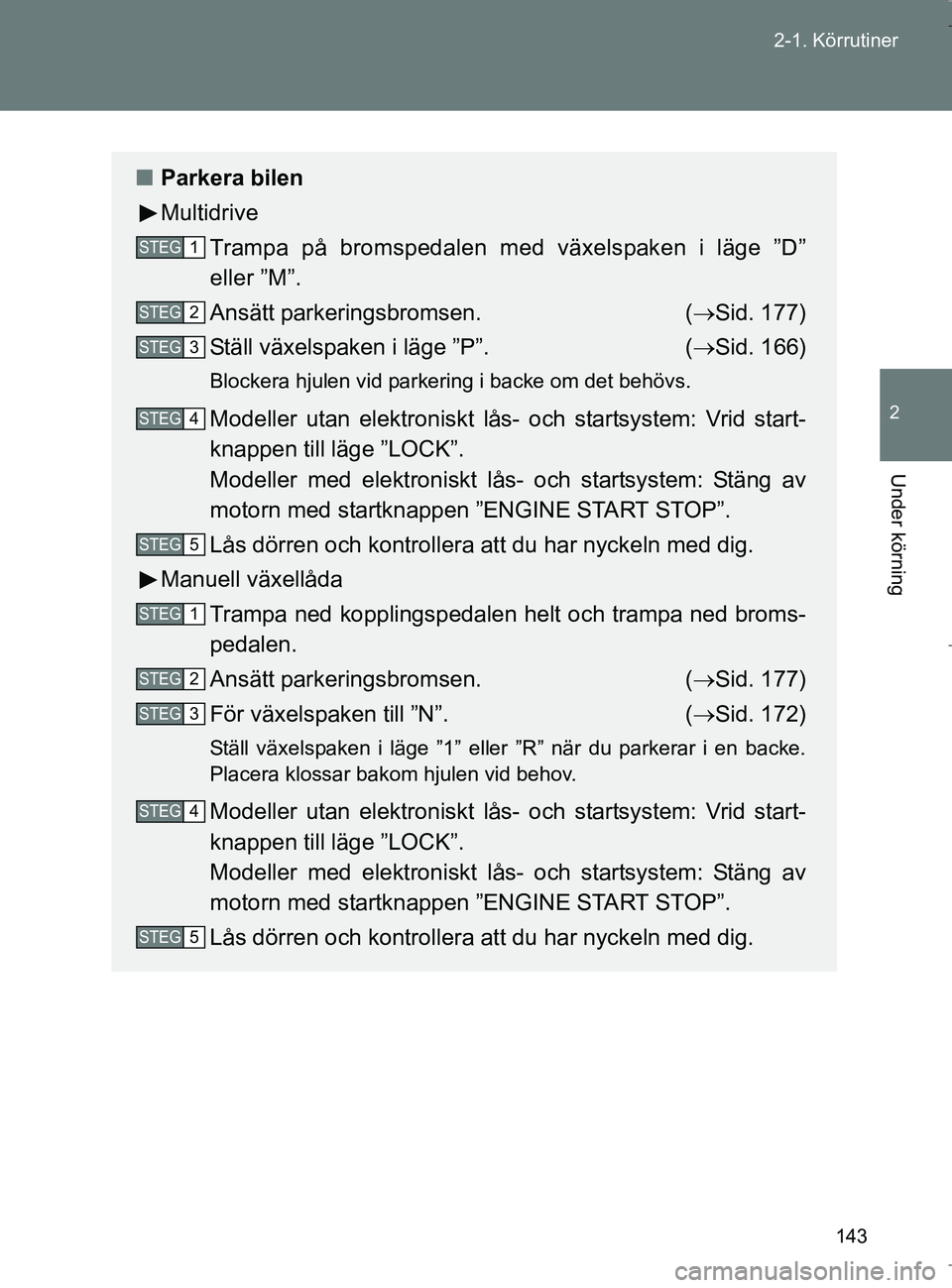 TOYOTA VERSO 2017 Bruksanvisningar (in Swedish) 143
2-1. Körrutiner
2
Under körning
OM64517SE
n
Parkera bilen
Multidrive
Trampa på bromspedalen med växelspaken i läge ”D”
eller ”M”.
Ansätt parkeringsbromsen. ( Sid. 177)
Ställ väx TOYOTA VERSO 2017 Bruksanvisningar (in Swedish) 143
2-1. Körrutiner
2
Under körning
OM64517SE
n
Parkera bilen
Multidrive
Trampa på bromspedalen med växelspaken i läge ”D”
eller ”M”.
Ansätt parkeringsbromsen. ( Sid. 177)
Ställ väx