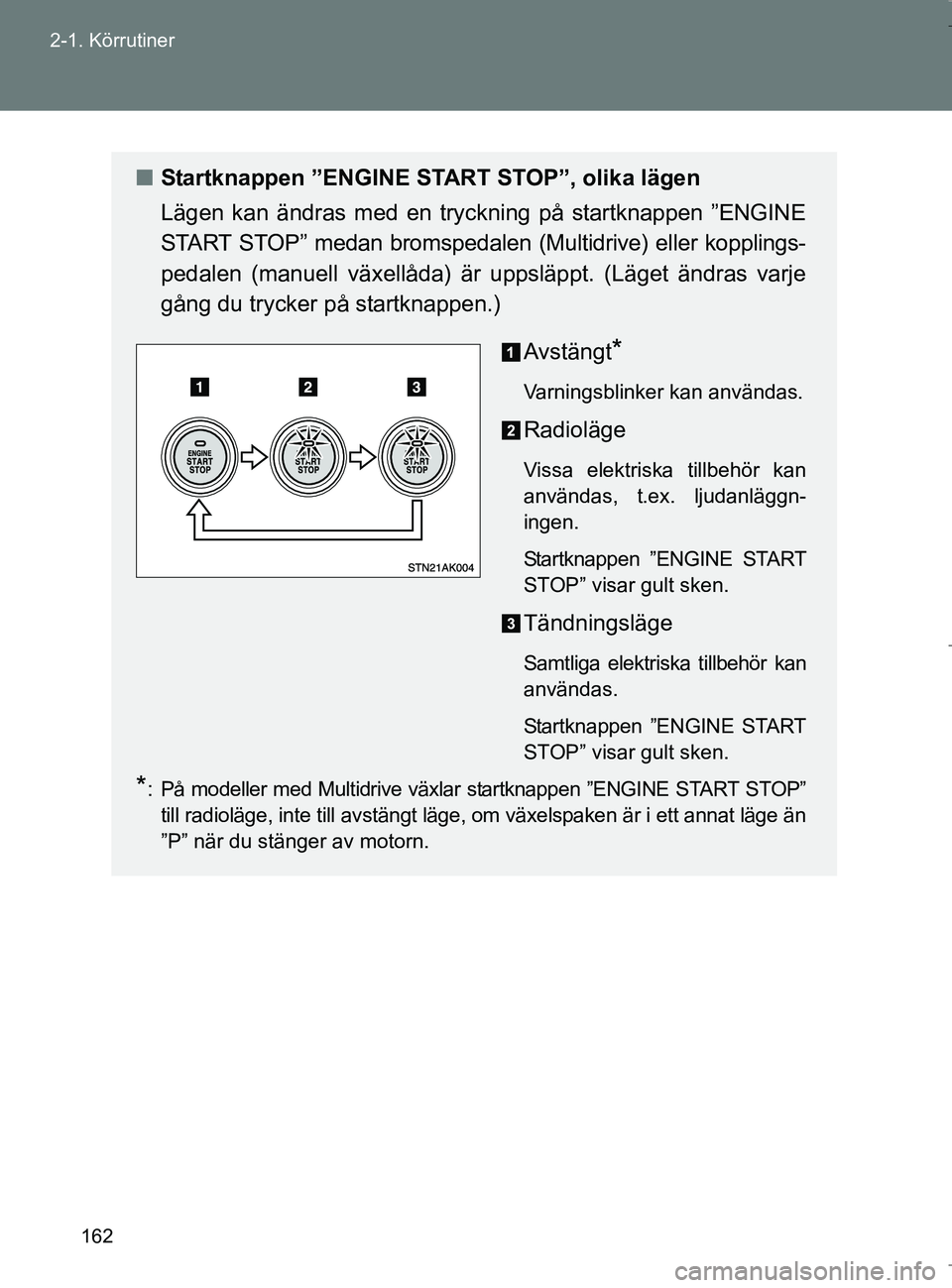 TOYOTA VERSO 2017 Bruksanvisningar (in Swedish) 162
2-1. Körrutiner
OM64517SE
n
Startknappen ”ENGINE START STOP”, olika lägen
Lägen kan ändras med en tryckning på startknappen ”ENGINE
START STOP” medan bromspedalen (Multidrive) eller k TOYOTA VERSO 2017 Bruksanvisningar (in Swedish) 162
2-1. Körrutiner
OM64517SE
n
Startknappen ”ENGINE START STOP”, olika lägen
Lägen kan ändras med en tryckning på startknappen ”ENGINE
START STOP” medan bromspedalen (Multidrive) eller k