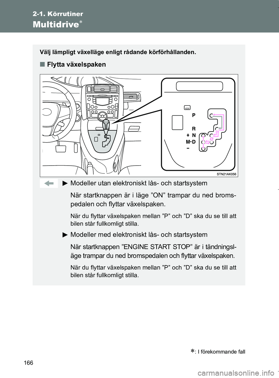 TOYOTA VERSO 2017 Bruksanvisningar (in Swedish) 166
2-1. Körrutiner
OM64517SE
Multidrive
: I förekommande fall
Välj lämpligt växelläge enligt rådande körförhållanden.
nFlytta växelspaken
Modeller utan elektroniskt lås- och startsy TOYOTA VERSO 2017 Bruksanvisningar (in Swedish) 166
2-1. Körrutiner
OM64517SE
Multidrive
: I förekommande fall
Välj lämpligt växelläge enligt rådande körförhållanden.
nFlytta växelspaken
Modeller utan elektroniskt lås- och startsy