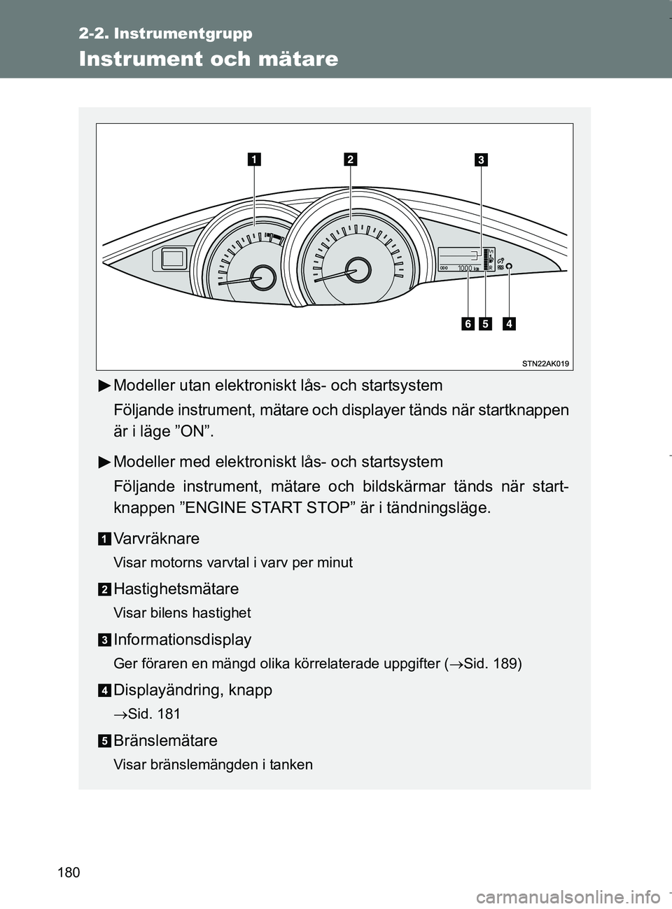 TOYOTA VERSO 2017  Bruksanvisningar (in Swedish) 180
OM64517SE
2-2. Instrumentgrupp
Instrument och mätare
Modeller utan elektroniskt lås- och startsystem
Följande instrument, mätare och displayer tänds när startknappen
är i läge ”ON”.
Mo
