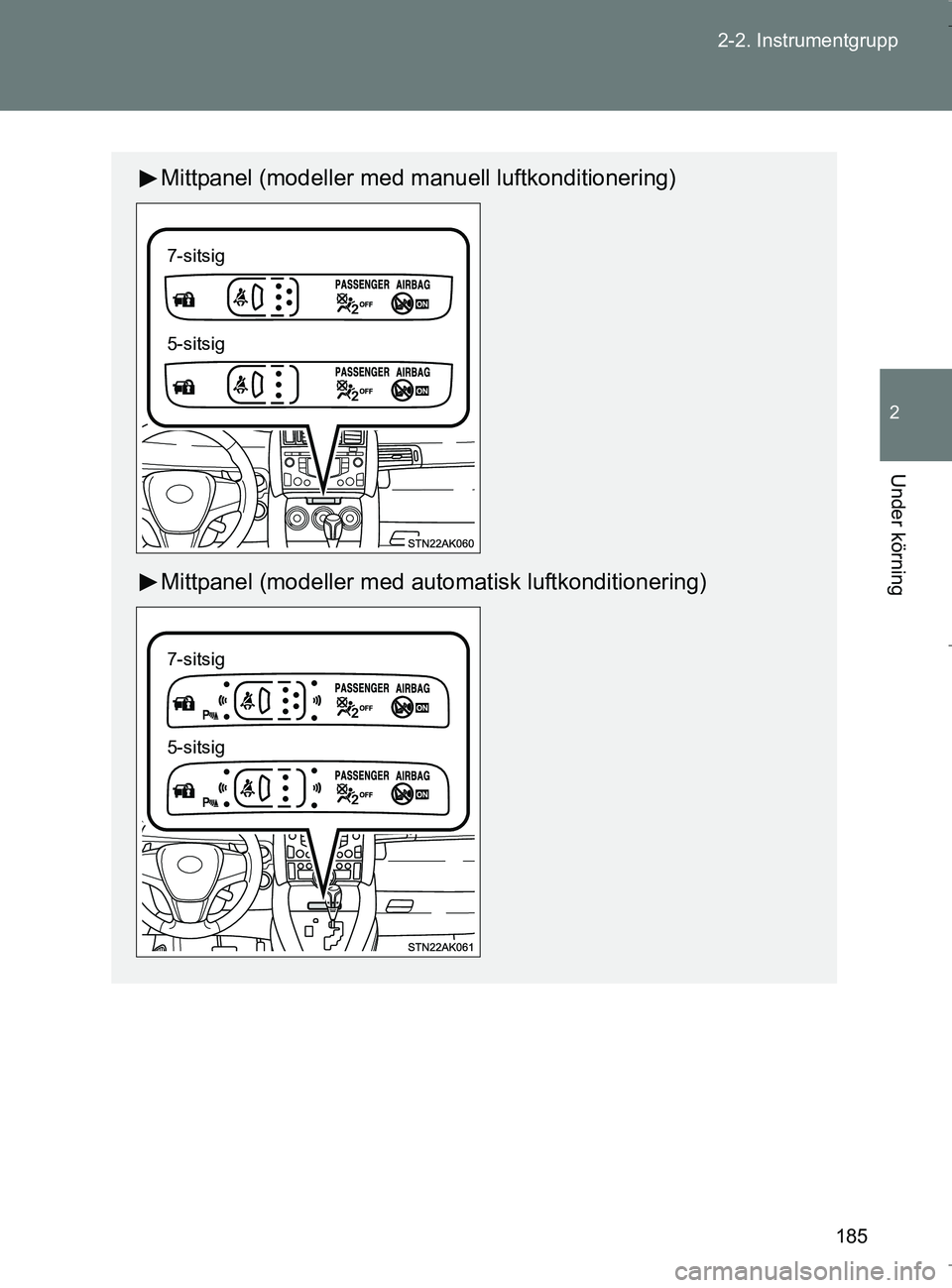 TOYOTA VERSO 2017 Bruksanvisningar (in Swedish) 185
2-2. Instrumentgrupp
2
Under körning
OM64517SE
Mittpanel (modeller med manuell luftkonditionering)
Mittpanel (modeller med automatisk luftkonditionering)
7-sitsig
5-sitsig
7-sitsig
5-sitsig
OM645 TOYOTA VERSO 2017 Bruksanvisningar (in Swedish) 185
2-2. Instrumentgrupp
2
Under körning
OM64517SE
Mittpanel (modeller med manuell luftkonditionering)
Mittpanel (modeller med automatisk luftkonditionering)
7-sitsig
5-sitsig
7-sitsig
5-sitsig
OM645