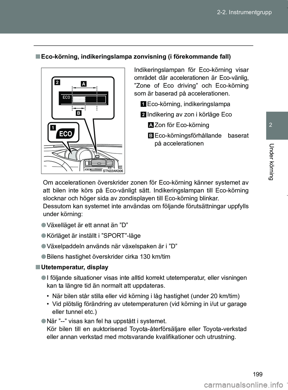 TOYOTA VERSO 2017 Bruksanvisningar (in Swedish) 199
2-2. Instrumentgrupp
2
Under körning
OM64517SE
n
Eco-körning, indikeringslampa zonvisning (i förekommande fall)
Om accelerationen överskrider zonen för Eco-körning känner systemet av
att bi TOYOTA VERSO 2017 Bruksanvisningar (in Swedish) 199
2-2. Instrumentgrupp
2
Under körning
OM64517SE
n
Eco-körning, indikeringslampa zonvisning (i förekommande fall)
Om accelerationen överskrider zonen för Eco-körning känner systemet av
att bi