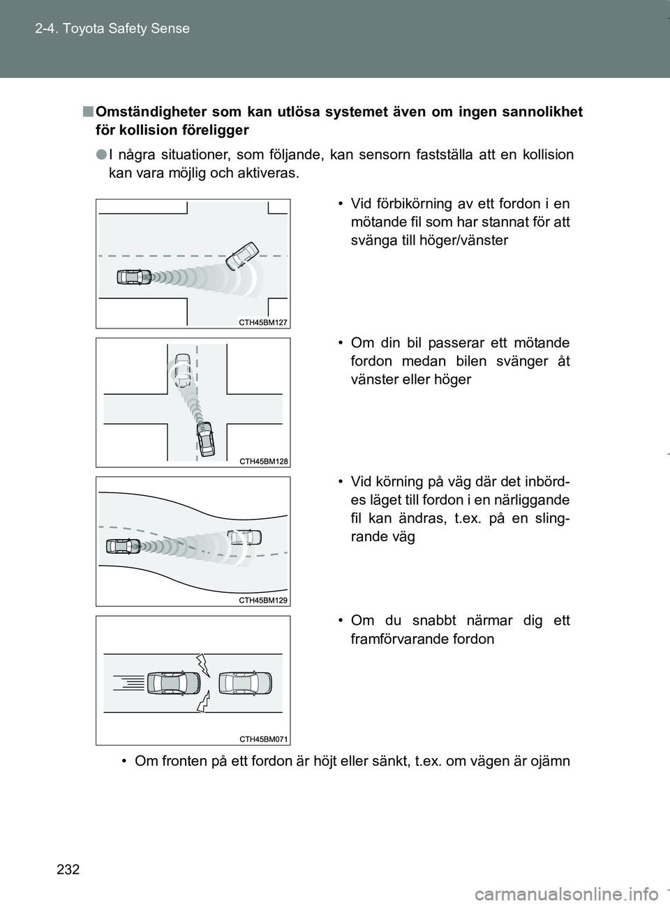 TOYOTA VERSO 2017 Bruksanvisningar (in Swedish) 232
2-4. Toyota Safety Sense
OM64517SE
n
Omständigheter som kan utlösa systemet även om ingen sannolikhet
för kollision föreligger
l I några situationer, som följande, kan sensorn fastställa TOYOTA VERSO 2017 Bruksanvisningar (in Swedish) 232
2-4. Toyota Safety Sense
OM64517SE
n
Omständigheter som kan utlösa systemet även om ingen sannolikhet
för kollision föreligger
l I några situationer, som följande, kan sensorn fastställa