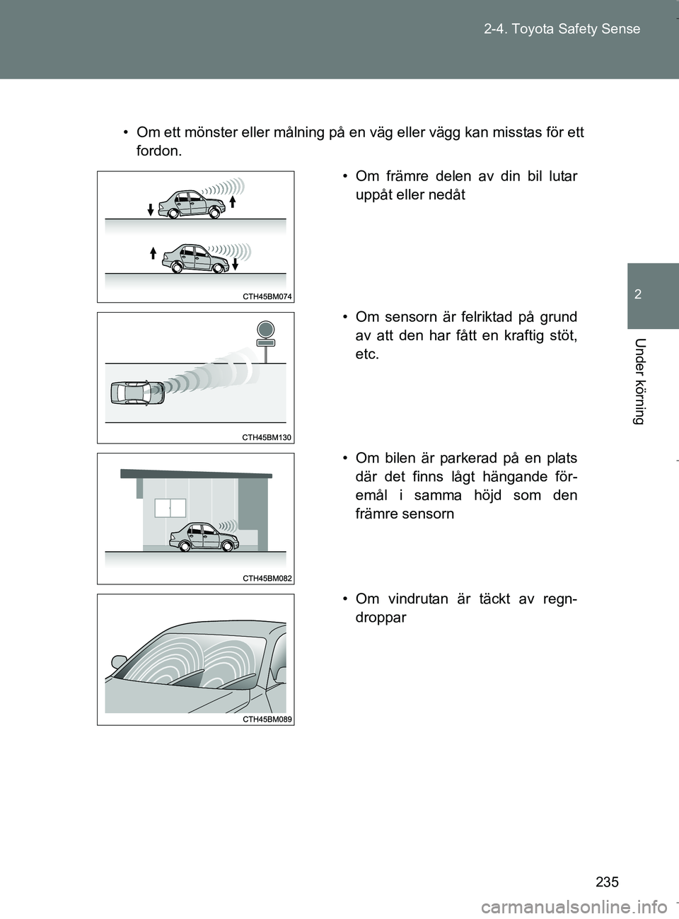 TOYOTA VERSO 2017 Bruksanvisningar (in Swedish) 235
2-4. Toyota Safety Sense
2
Under körning
OM64517SE
• Om ett mönster eller målning på en väg eller vägg kan misstas för ett
fordon.
• Om främre delen av din bil lutaruppåt eller nedåt TOYOTA VERSO 2017 Bruksanvisningar (in Swedish) 235
2-4. Toyota Safety Sense
2
Under körning
OM64517SE
• Om ett mönster eller målning på en väg eller vägg kan misstas för ett
fordon.
• Om främre delen av din bil lutaruppåt eller nedåt
