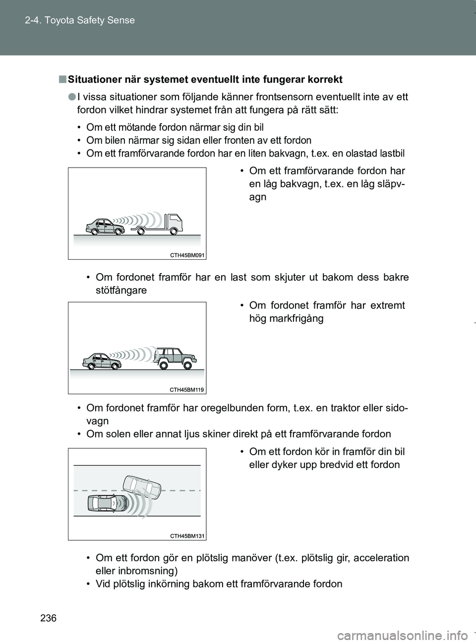 TOYOTA VERSO 2017 Bruksanvisningar (in Swedish) 236
2-4. Toyota Safety Sense
OM64517SE
n
Situationer när systemet eventu ellt inte fungerar korrekt
l I vissa situationer som följande känner frontsensorn eventuellt inte av ett
fordon vilket hindr TOYOTA VERSO 2017 Bruksanvisningar (in Swedish) 236
2-4. Toyota Safety Sense
OM64517SE
n
Situationer när systemet eventu ellt inte fungerar korrekt
l I vissa situationer som följande känner frontsensorn eventuellt inte av ett
fordon vilket hindr