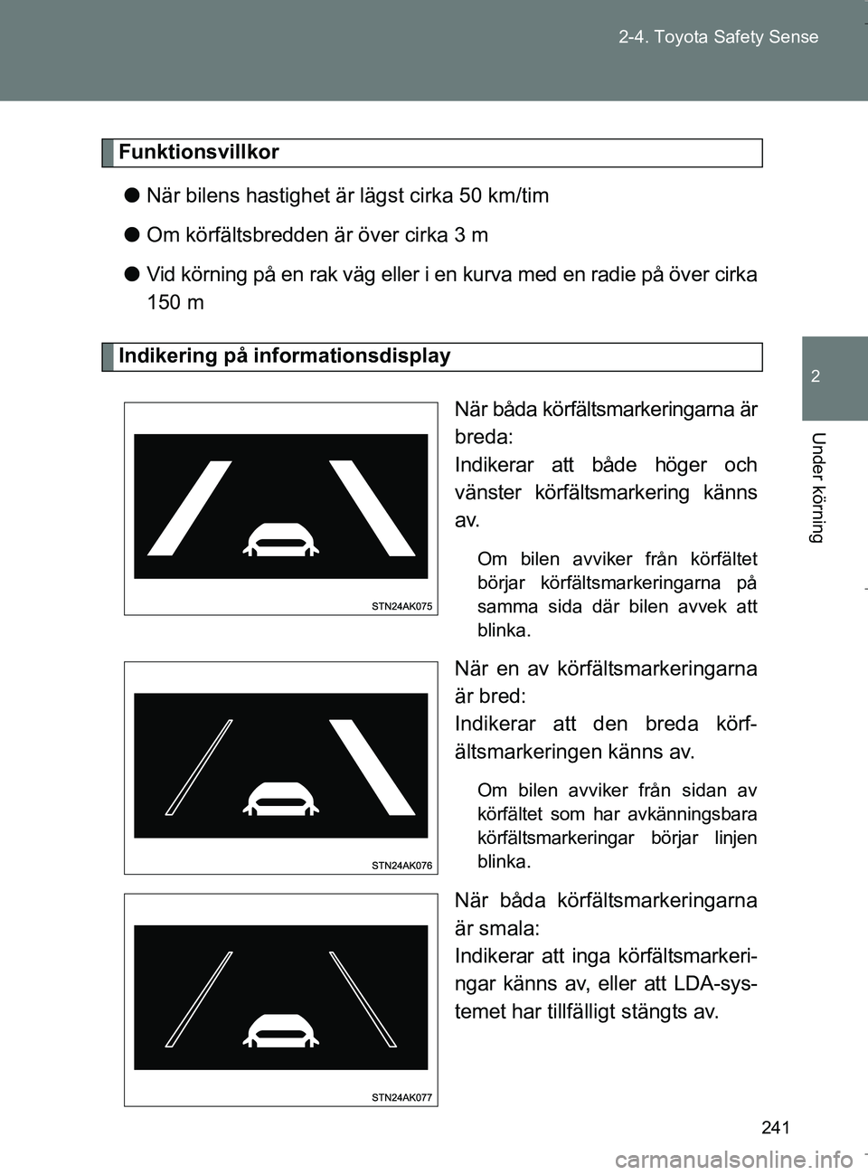TOYOTA VERSO 2017 Bruksanvisningar (in Swedish) 241
2-4. Toyota Safety Sense
2
Under körning
OM64517SE
Funktionsvillkor
l När bilens hastighet är lägst cirka 50 km/tim
l Om körfältsbredden är över cirka 3 m
l Vid körning på en rak väg el TOYOTA VERSO 2017 Bruksanvisningar (in Swedish) 241
2-4. Toyota Safety Sense
2
Under körning
OM64517SE
Funktionsvillkor
l När bilens hastighet är lägst cirka 50 km/tim
l Om körfältsbredden är över cirka 3 m
l Vid körning på en rak väg el