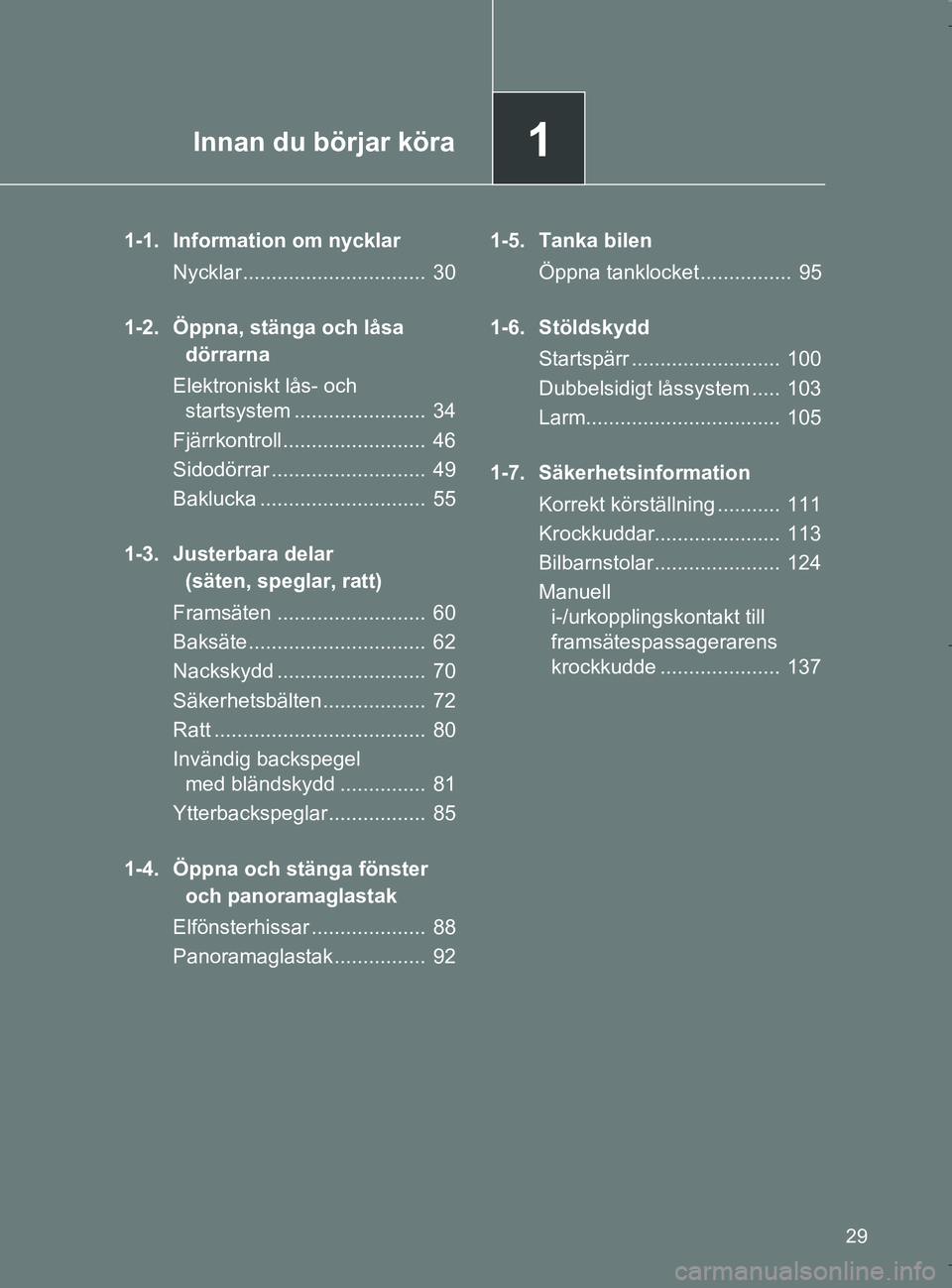 TOYOTA VERSO 2017 Bruksanvisningar (in Swedish) 1Innan du börjar köra
29
OM64517SE
1-1. Information om nycklarNycklar................................ 30
1-2. Öppna, stänga och låsa dörrarna
Elektroniskt lås- och startsystem .............. TOYOTA VERSO 2017 Bruksanvisningar (in Swedish) 1Innan du börjar köra
29
OM64517SE
1-1. Information om nycklarNycklar................................ 30
1-2. Öppna, stänga och låsa dörrarna
Elektroniskt lås- och startsystem ..............