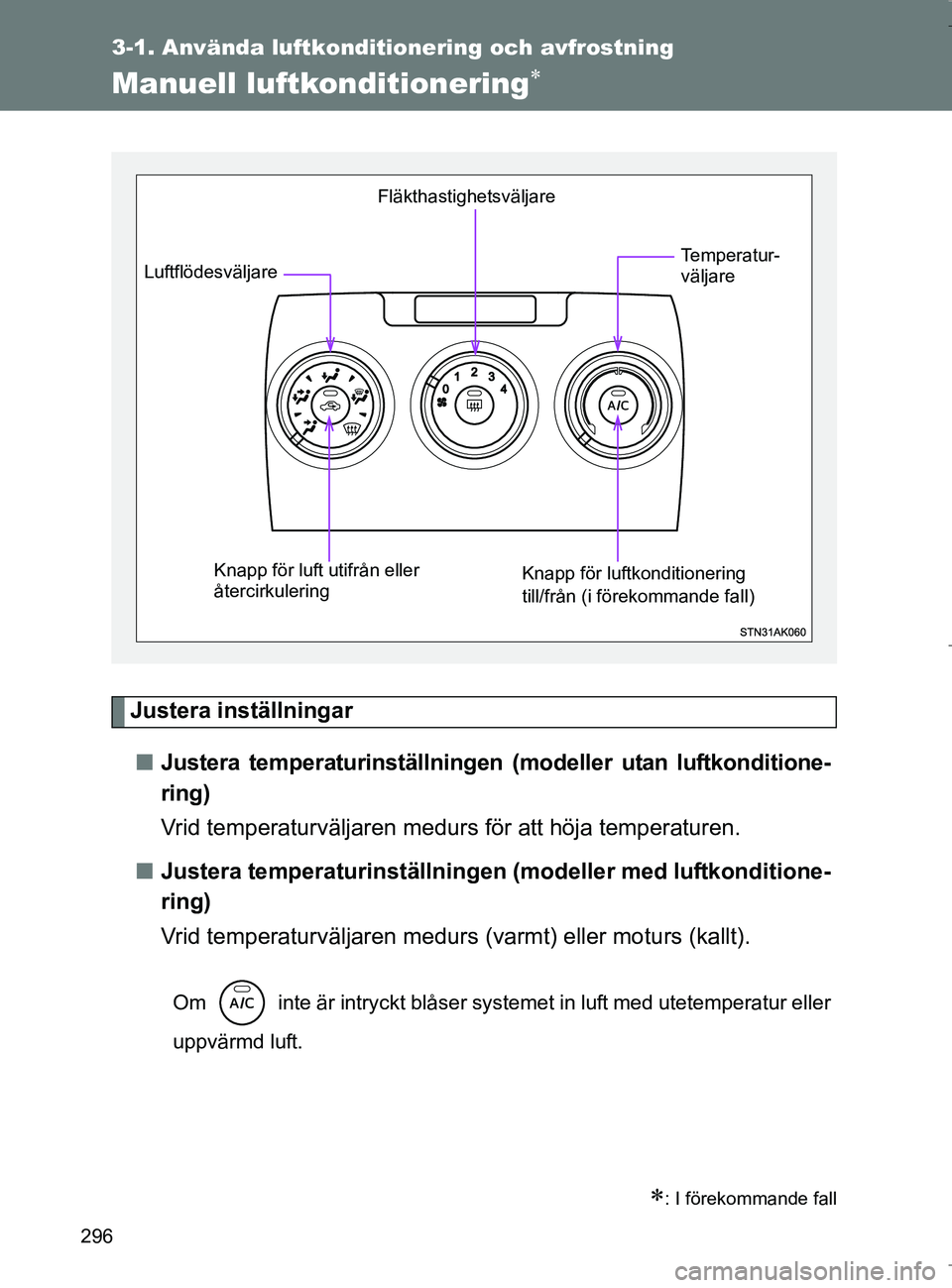 TOYOTA VERSO 2017 Bruksanvisningar (in Swedish) 296
OM64517SE
3-1. Använda luftkonditionering och avfrostning
Manuell luftkonditionering
Justera inställningarn Justera temperaturinställningen (modeller utan luftkonditione-
ring)
Vrid tempera TOYOTA VERSO 2017 Bruksanvisningar (in Swedish) 296
OM64517SE
3-1. Använda luftkonditionering och avfrostning
Manuell luftkonditionering
Justera inställningarn Justera temperaturinställningen (modeller utan luftkonditione-
ring)
Vrid tempera