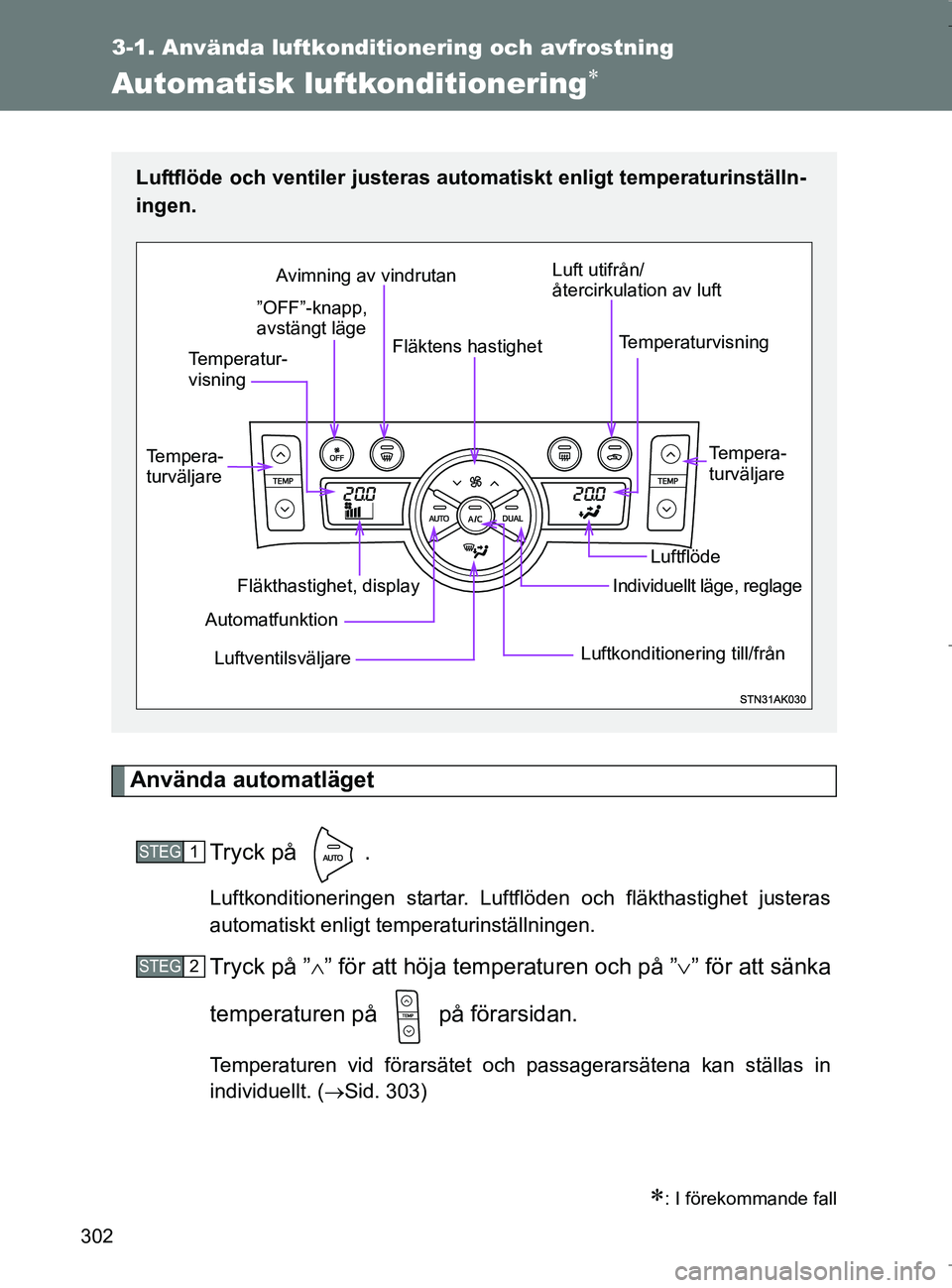 TOYOTA VERSO 2017 Bruksanvisningar (in Swedish) 302
3-1. Använda luftkonditionering och avfrostning
OM64517SE
Automatisk luftkonditionering
Använda automatlägetTryck på .
Luftkonditioneringen startar. Luftflöden och fläkthastighet justera TOYOTA VERSO 2017 Bruksanvisningar (in Swedish) 302
3-1. Använda luftkonditionering och avfrostning
OM64517SE
Automatisk luftkonditionering
Använda automatlägetTryck på .
Luftkonditioneringen startar. Luftflöden och fläkthastighet justera