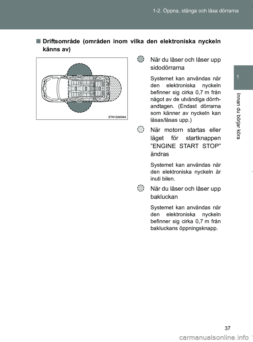 TOYOTA VERSO 2017 Bruksanvisningar (in Swedish) 37
1-2. Öppna, stänga och låsa dörrarna
1
Innan du börjar köra
OM64517SE
n
Driftsområde (områden inom vilka den elektroniska nyckeln
känns av)
När du låser och låser upp
sidodörrarna
Sys TOYOTA VERSO 2017 Bruksanvisningar (in Swedish) 37
1-2. Öppna, stänga och låsa dörrarna
1
Innan du börjar köra
OM64517SE
n
Driftsområde (områden inom vilka den elektroniska nyckeln
känns av)
När du låser och låser upp
sidodörrarna
Sys