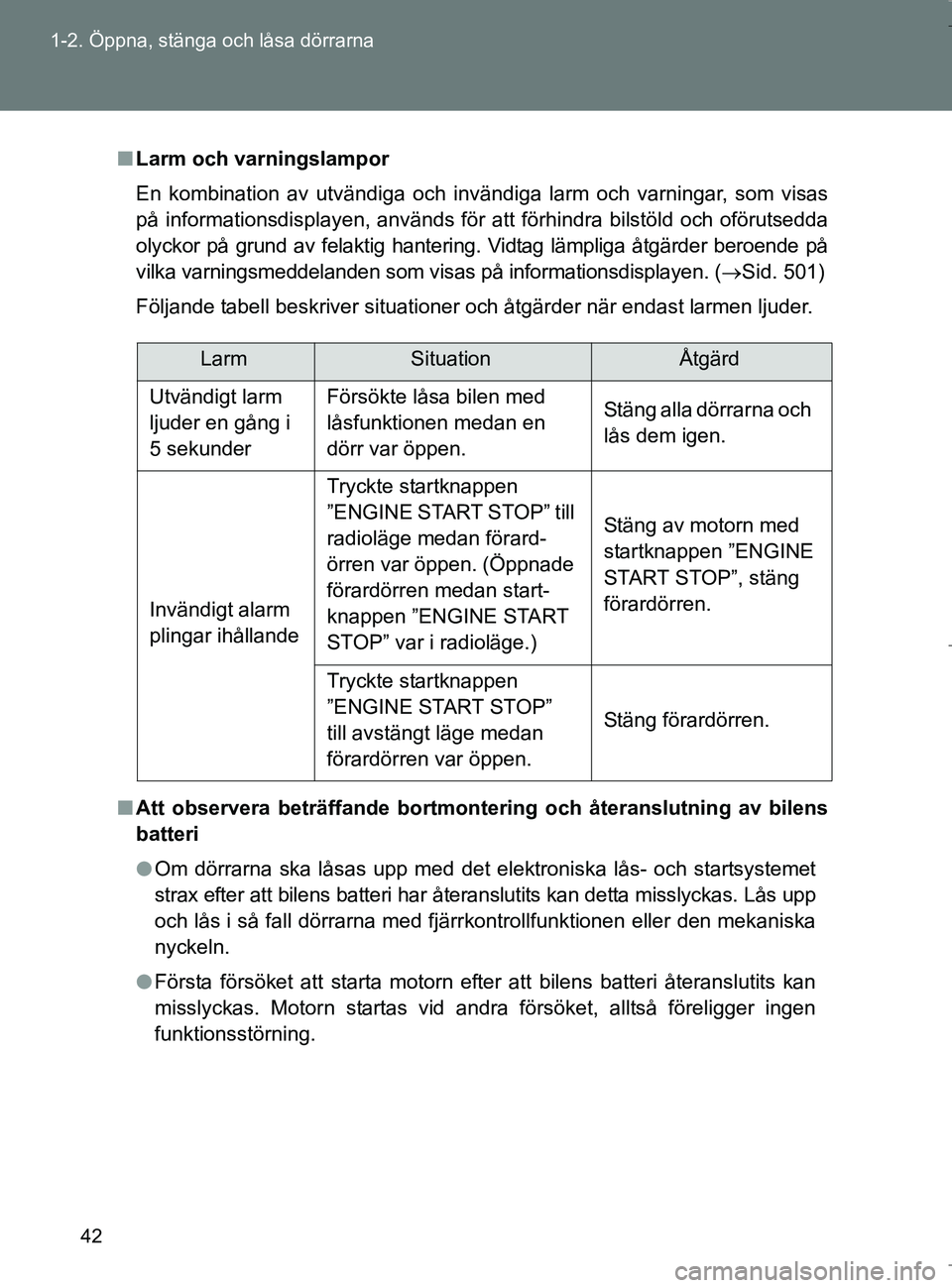 TOYOTA VERSO 2017 Bruksanvisningar (in Swedish) 42
1-2. Öppna, stänga och låsa dörrarna
OM64517SE
n
Larm och varningslampor
En kombination av utvändiga och invändiga larm och varningar, som visas
på informationsdisplayen, används för att f TOYOTA VERSO 2017 Bruksanvisningar (in Swedish) 42
1-2. Öppna, stänga och låsa dörrarna
OM64517SE
n
Larm och varningslampor
En kombination av utvändiga och invändiga larm och varningar, som visas
på informationsdisplayen, används för att f