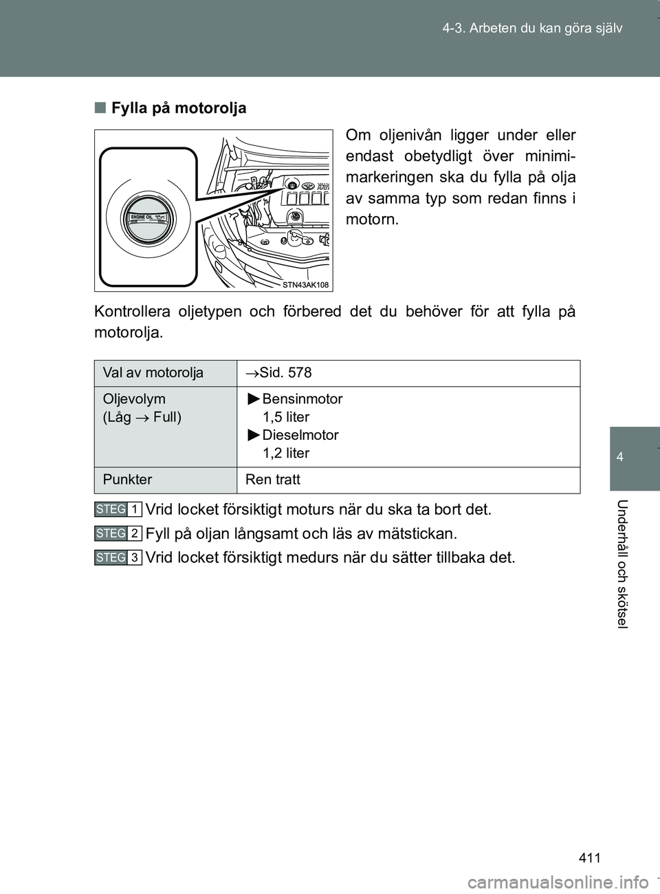 TOYOTA VERSO 2017 Bruksanvisningar (in Swedish) 411
4-3. Arbeten du kan göra själv
4
Underhåll och skötsel
OM64517SE
n
Fylla på motorolja
Om oljenivån ligger under eller
endast obetydligt över minimi-
markeringen ska du fylla på olja
av sam TOYOTA VERSO 2017 Bruksanvisningar (in Swedish) 411
4-3. Arbeten du kan göra själv
4
Underhåll och skötsel
OM64517SE
n
Fylla på motorolja
Om oljenivån ligger under eller
endast obetydligt över minimi-
markeringen ska du fylla på olja
av sam