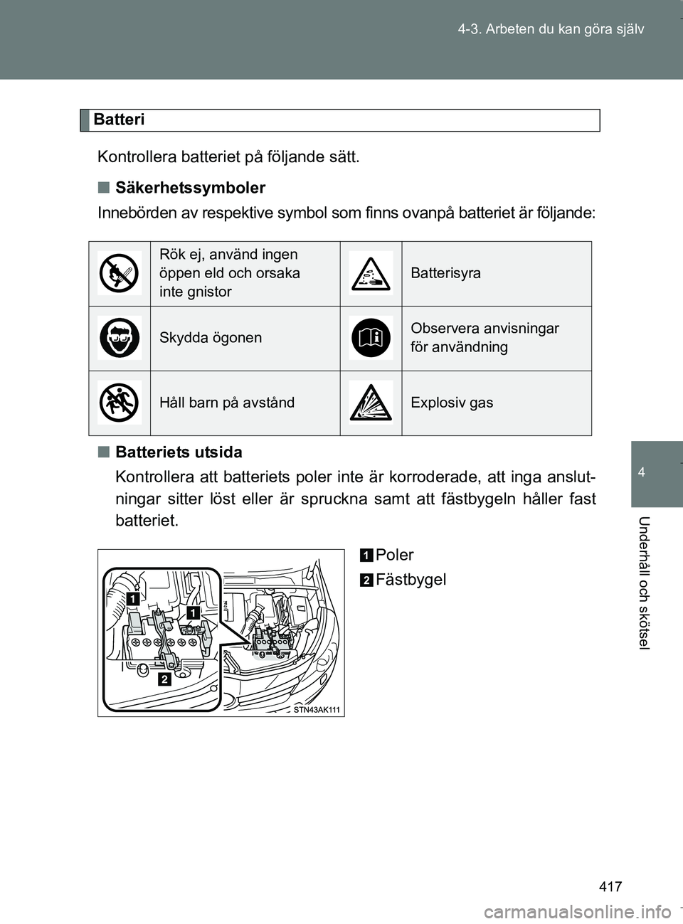 TOYOTA VERSO 2017 Bruksanvisningar (in Swedish) 417
4-3. Arbeten du kan göra själv
4
Underhåll och skötsel
OM64517SE
Batteri
Kontrollera batteriet på följande sätt.
n Säkerhetssymboler
Innebörden av respektive symbol som finns ovanpå batt TOYOTA VERSO 2017 Bruksanvisningar (in Swedish) 417
4-3. Arbeten du kan göra själv
4
Underhåll och skötsel
OM64517SE
Batteri
Kontrollera batteriet på följande sätt.
n Säkerhetssymboler
Innebörden av respektive symbol som finns ovanpå batt