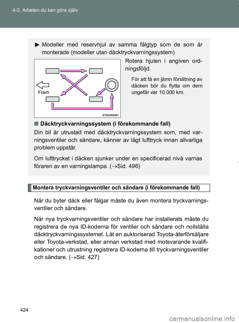 TOYOTA VERSO 2017 Bruksanvisningar (in Swedish) 424
4-3. Arbeten du kan göra själv
OM64517SE
Montera tryckvarningsventiler och sändare (i förekommande fall)
När du byter däck eller fälgar måste du även montera tryckvarnings-
ventiler och s TOYOTA VERSO 2017 Bruksanvisningar (in Swedish) 424
4-3. Arbeten du kan göra själv
OM64517SE
Montera tryckvarningsventiler och sändare (i förekommande fall)
När du byter däck eller fälgar måste du även montera tryckvarnings-
ventiler och s