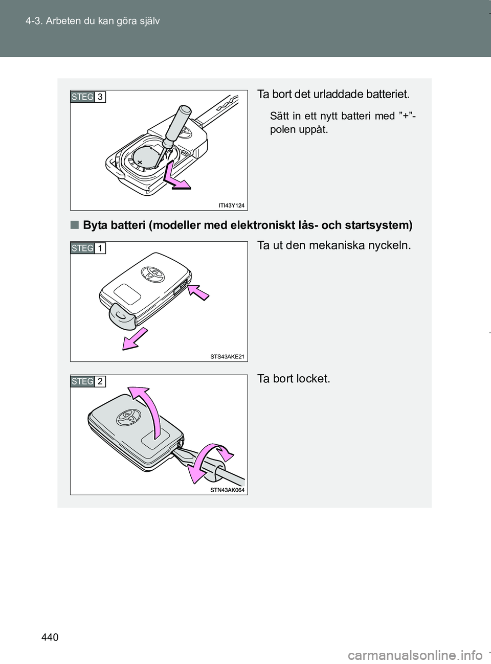 TOYOTA VERSO 2017 Bruksanvisningar (in Swedish) 440
4-3. Arbeten du kan göra själv
OM64517SE
Ta bort det urladdade batteriet.
Sätt in ett nytt batteri med ”+”-
polen uppåt.
n
Byta batteri (modeller med elektroniskt lås- och startsystem)
Ta TOYOTA VERSO 2017 Bruksanvisningar (in Swedish) 440
4-3. Arbeten du kan göra själv
OM64517SE
Ta bort det urladdade batteriet.
Sätt in ett nytt batteri med ”+”-
polen uppåt.
n
Byta batteri (modeller med elektroniskt lås- och startsystem)
Ta