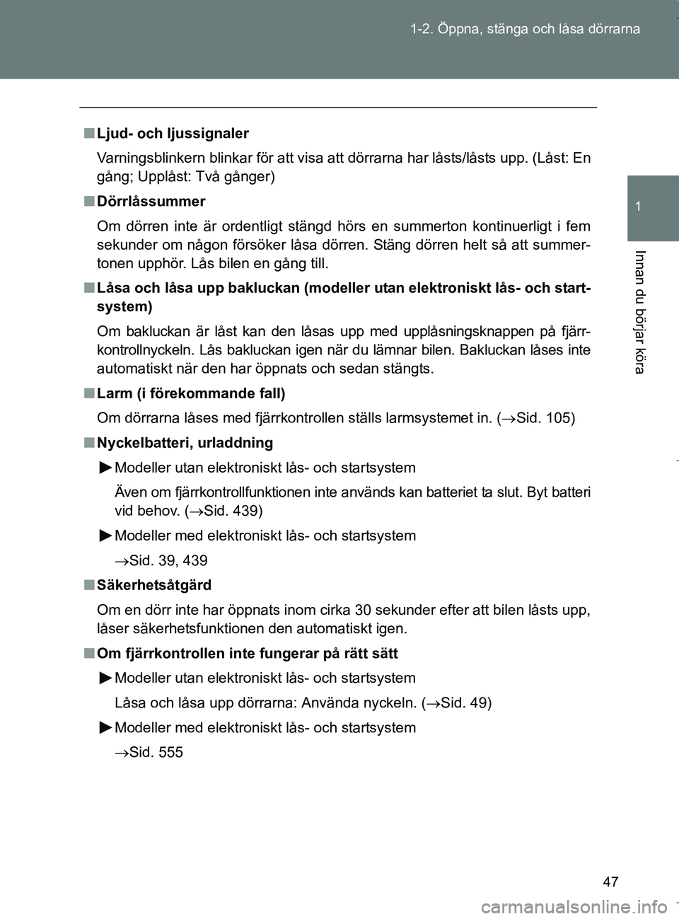 TOYOTA VERSO 2017 Bruksanvisningar (in Swedish) 47
1-2. Öppna, stänga och låsa dörrarna
1
Innan du börjar köra
OM64517SE
n
Ljud- och ljussignaler
Varningsblinkern blinkar för att visa att dörrarna har låsts/låsts upp. (Låst: En
gång; Up TOYOTA VERSO 2017 Bruksanvisningar (in Swedish) 47
1-2. Öppna, stänga och låsa dörrarna
1
Innan du börjar köra
OM64517SE
n
Ljud- och ljussignaler
Varningsblinkern blinkar för att visa att dörrarna har låsts/låsts upp. (Låst: En
gång; Up
