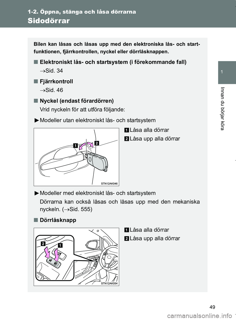 TOYOTA VERSO 2017 Bruksanvisningar (in Swedish) 49
1
1-2. Öppna, stänga och låsa dörrarna
Innan du börjar köra
OM64517SE
Sidodörrar
Bilen kan låsas och låsas upp med den elektroniska lås- och start-
funktionen, fjärrkontrollen, nyckel el TOYOTA VERSO 2017 Bruksanvisningar (in Swedish) 49
1
1-2. Öppna, stänga och låsa dörrarna
Innan du börjar köra
OM64517SE
Sidodörrar
Bilen kan låsas och låsas upp med den elektroniska lås- och start-
funktionen, fjärrkontrollen, nyckel el