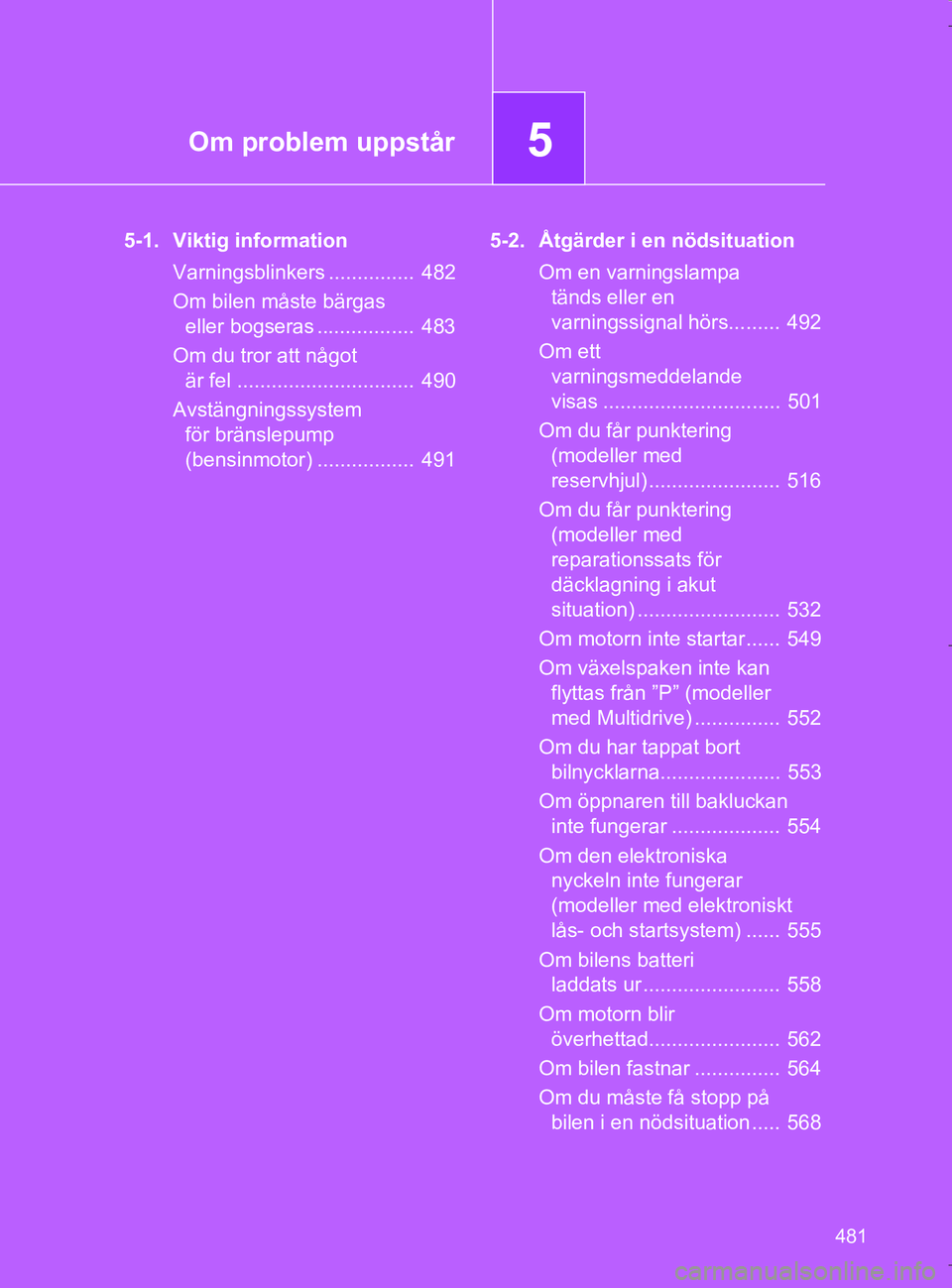 TOYOTA VERSO 2017 Bruksanvisningar (in Swedish) 5Om problem uppstår
481
OM64517SE
5-1. Viktig informationVarningsblinkers ............... 482
Om bilen måste bärgas eller bogseras ................. 483
Om du tror att något är fel ........... TOYOTA VERSO 2017 Bruksanvisningar (in Swedish) 5Om problem uppstår
481
OM64517SE
5-1. Viktig informationVarningsblinkers ............... 482
Om bilen måste bärgas eller bogseras ................. 483
Om du tror att något är fel ...........