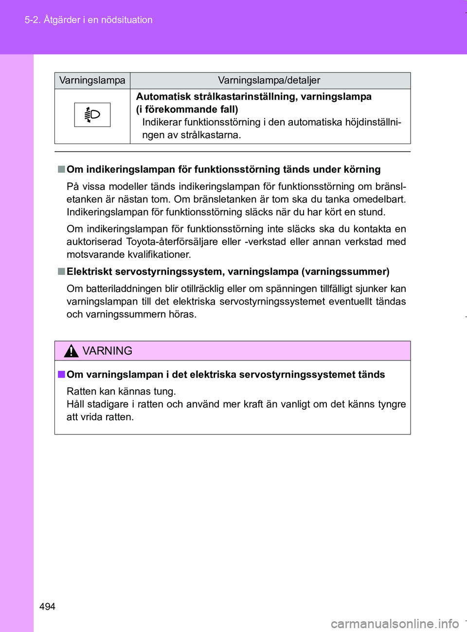 TOYOTA VERSO 2017 Bruksanvisningar (in Swedish) 494
5-2. Åtgärder i en nödsituation
OM64517SE
Automatisk strålkastarinställning, varningslampa
(i förekommande fall)
Indikerar funktionsstörning i den automatiska höjdinställni-
ngen av str TOYOTA VERSO 2017 Bruksanvisningar (in Swedish) 494
5-2. Åtgärder i en nödsituation
OM64517SE
Automatisk strålkastarinställning, varningslampa
(i förekommande fall)
Indikerar funktionsstörning i den automatiska höjdinställni-
ngen av str
