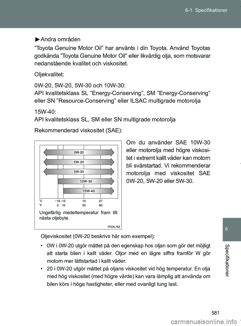 TOYOTA VERSO 2017 Bruksanvisningar (in Swedish) 581
6-1. Specifikationer
6
Specifikationer
OM64517SE
Andra områden
”Toyota Genuine Motor Oil” har använts i din Toyota. Använd Toyotas
godkända ”Toyota Genuine Motor Oil” eller likvärdig TOYOTA VERSO 2017 Bruksanvisningar (in Swedish) 581
6-1. Specifikationer
6
Specifikationer
OM64517SE
Andra områden
”Toyota Genuine Motor Oil” har använts i din Toyota. Använd Toyotas
godkända ”Toyota Genuine Motor Oil” eller likvärdig