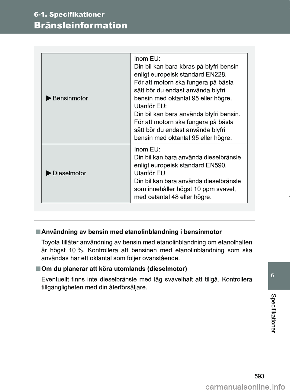 TOYOTA VERSO 2017 Bruksanvisningar (in Swedish) 593
6-1. Specifikationer
6
Specifikationer
OM64517SE
Bränsleinformation
nAnvändning av bensin med etanolinblandning i bensinmotor
Toyota tillåter användning av bensin med etanolinblandning om etan TOYOTA VERSO 2017 Bruksanvisningar (in Swedish) 593
6-1. Specifikationer
6
Specifikationer
OM64517SE
Bränsleinformation
nAnvändning av bensin med etanolinblandning i bensinmotor
Toyota tillåter användning av bensin med etanolinblandning om etan