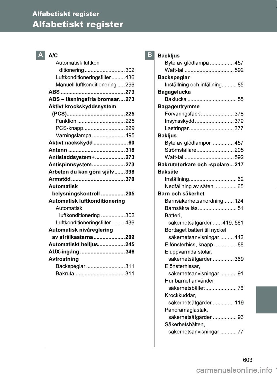 TOYOTA VERSO 2017 Bruksanvisningar (in Swedish) 603
OM64517SE
Alfabetiskt register
Alfabetiskt register
A/CAutomatisk luftkon
ditionering ........................... 302
Luftkonditioneringsfilter ......... 436
Manuell luftkonditionering ..... 296
A TOYOTA VERSO 2017 Bruksanvisningar (in Swedish) 603
OM64517SE
Alfabetiskt register
Alfabetiskt register
A/CAutomatisk luftkon
ditionering ........................... 302
Luftkonditioneringsfilter ......... 436
Manuell luftkonditionering ..... 296
A