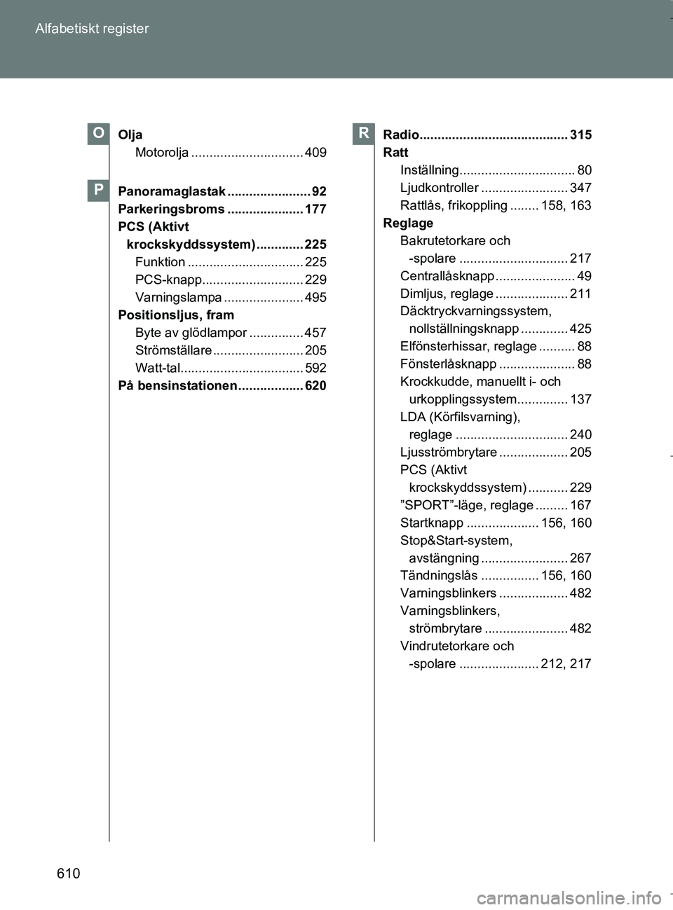 TOYOTA VERSO 2017 Bruksanvisningar (in Swedish) 610
Alfabetiskt register
OM64517SE
Olja
Motorolja ............................... 409
Panoramaglastak ....................... 92
Parkeringsbroms ..................... 177
PCS (Aktivt krockskyddssyste TOYOTA VERSO 2017 Bruksanvisningar (in Swedish) 610
Alfabetiskt register
OM64517SE
Olja
Motorolja ............................... 409
Panoramaglastak ....................... 92
Parkeringsbroms ..................... 177
PCS (Aktivt krockskyddssyste