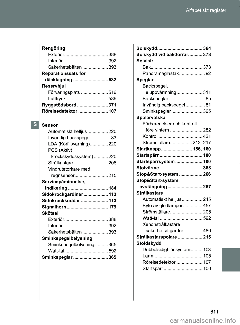 TOYOTA VERSO 2017 Bruksanvisningar (in Swedish) 611
Alfabetiskt register
OM64517SE
Rengöring
Exteriör.................................. 388
Interiör ................................... 392
Säkerhetsbälten .................... 393
Reparationssa TOYOTA VERSO 2017 Bruksanvisningar (in Swedish) 611
Alfabetiskt register
OM64517SE
Rengöring
Exteriör.................................. 388
Interiör ................................... 392
Säkerhetsbälten .................... 393
Reparationssa