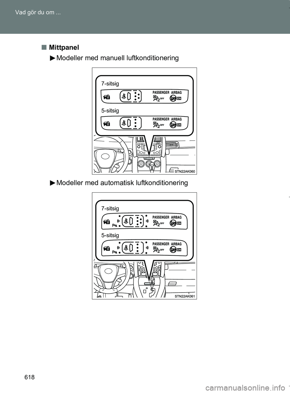 TOYOTA VERSO 2017 Bruksanvisningar (in Swedish) 618
Vad gör du om ...
OM64517SE
n
Mittpanel
Modeller med manuell luftkonditionering
Modeller med automatisk luftkonditionering
7-sitsig
5-sitsig
7-sitsig
5-sitsig
OM64517SE.book Page 618 Wednesday, TOYOTA VERSO 2017 Bruksanvisningar (in Swedish) 618
Vad gör du om ...
OM64517SE
n
Mittpanel
Modeller med manuell luftkonditionering
Modeller med automatisk luftkonditionering
7-sitsig
5-sitsig
7-sitsig
5-sitsig
OM64517SE.book Page 618 Wednesday,