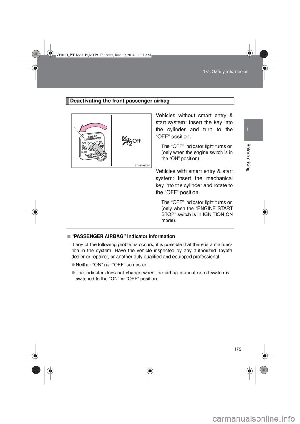 TOYOTA VERSO 2014  Owners Manual 179 1-7. Safety information
1
Before driving
Deactivating the front passenger airbag
Vehicles without smart entry &
start system: Insert the key into
the cylinder and turn to the
“OFF” position.
T