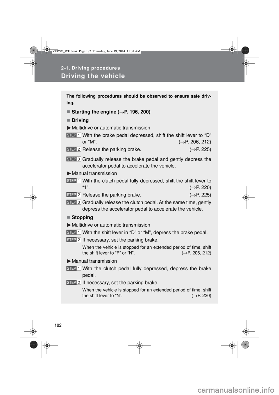 TOYOTA VERSO 2014 Owners Manual 182
2-1. Driving procedures
Driving the vehicle
The following procedures should be observed to ensure safe driv-
ing.
Starting the engine (P. 196, 200)
Driving
Multidrive or automatic transmi TOYOTA VERSO 2014 Owners Manual 182
2-1. Driving procedures
Driving the vehicle
The following procedures should be observed to ensure safe driv-
ing.
Starting the engine (P. 196, 200)
Driving
Multidrive or automatic transmi
