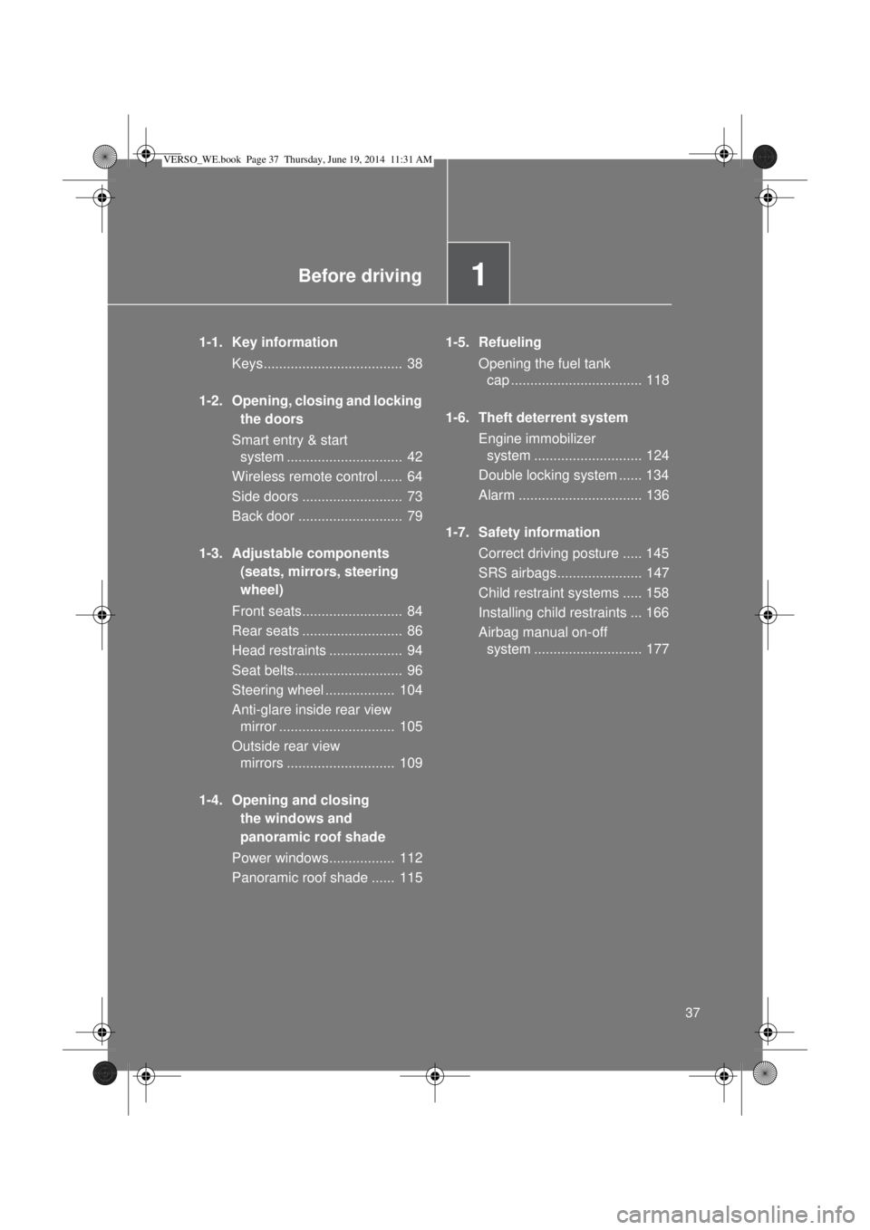TOYOTA VERSO 2014 Owners Guide 1Before driving
37
1-1. Key information
Keys....................................  38
1-2. Opening, closing and locking 
the doors
Smart entry & start 
system ..............................  42
Wireles