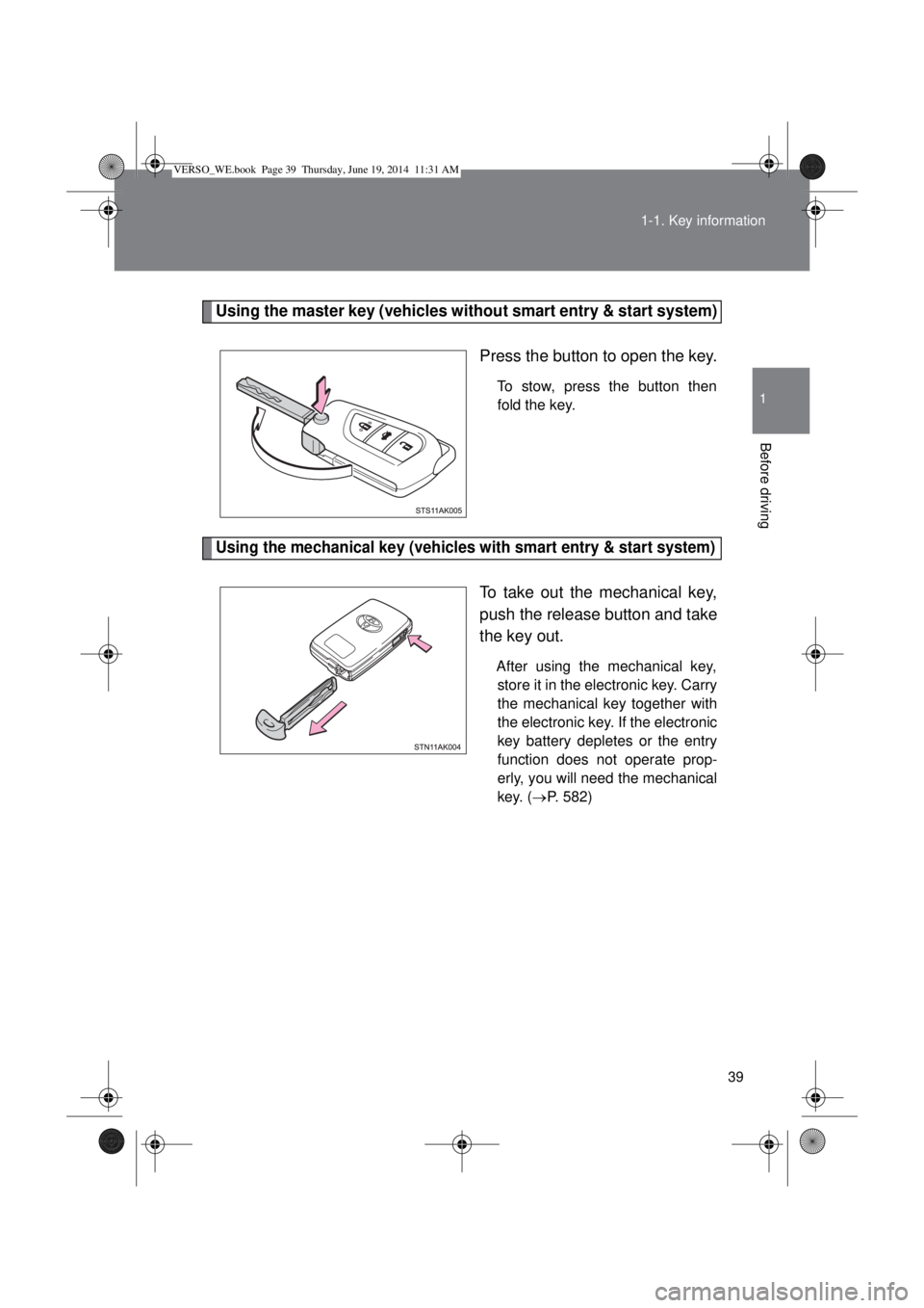 TOYOTA VERSO 2014 Owners Guide 39 1-1. Key information
1
Before driving
Using the master key (vehicles without smart entry & start system)
Press the button to open the key.
To stow, press the button then
fold the key.
Using the mec