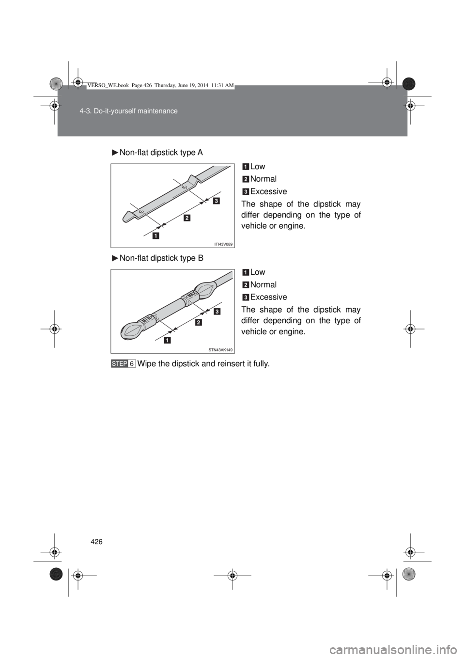 TOYOTA VERSO 2014  Owners Manual 426 4-3. Do-it-yourself maintenance
Non-flat dipstick type A
Low
Normal
Excessive
The shape of the dipstick may
differ depending on the type of
vehicle or engine.
Non-flat dipstick type B
Low
Normal
E