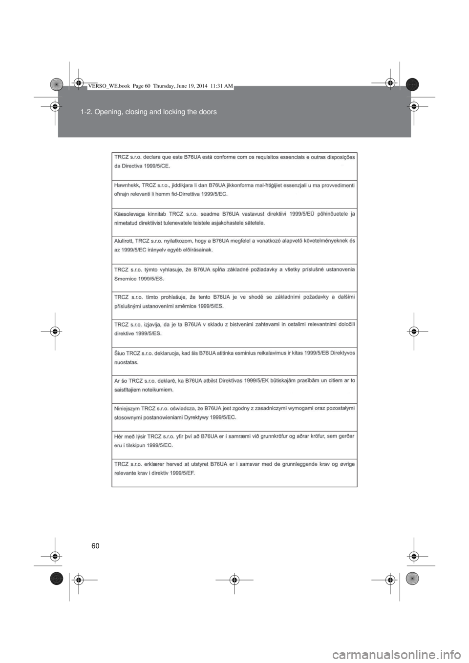 TOYOTA VERSO 2014 Workshop Manual 60 1-2. Opening, closing and locking the doors
VERSO_WE.book  Page 60  Thursday, June 19, 2014  11:31 AM 