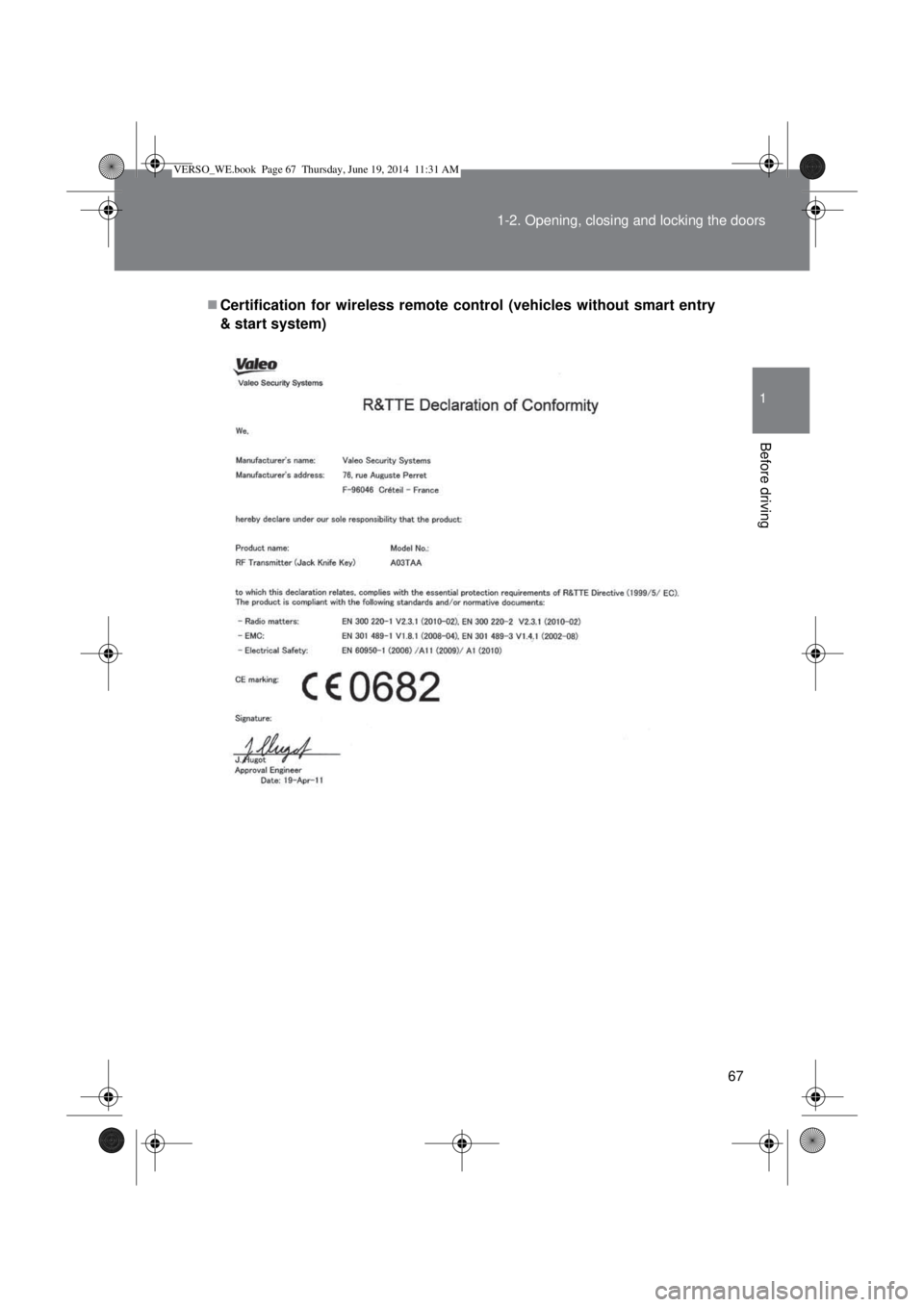 TOYOTA VERSO 2014 Repair Manual 67 1-2. Opening, closing and locking the doors
1
Before driving
Certification for wireless remote control (vehicles without smart entry
& start system)
VERSO_WE.book  Page 67  Thursday, June 19, 20