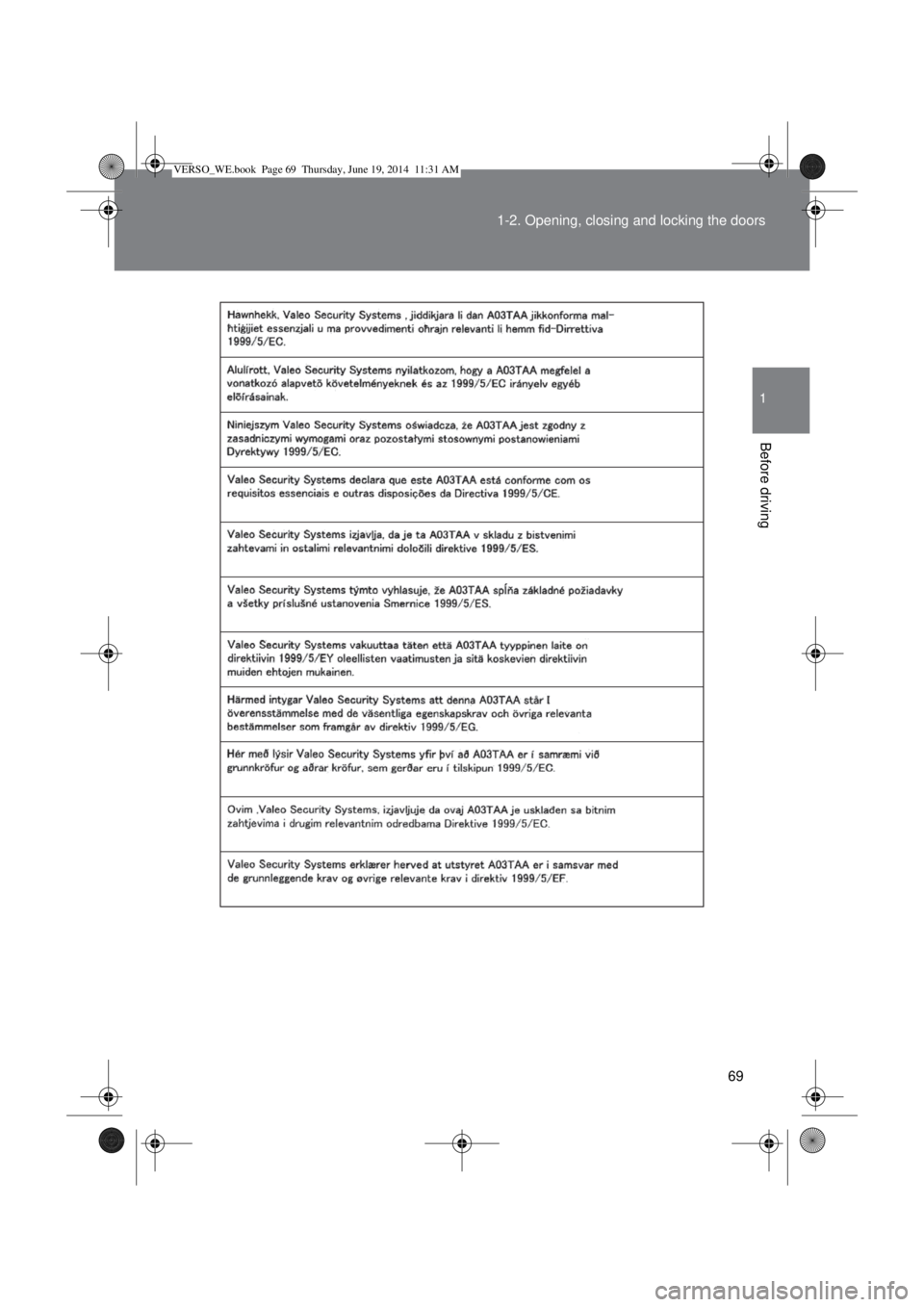 TOYOTA VERSO 2014 Repair Manual 69 1-2. Opening, closing and locking the doors
1
Before driving
VERSO_WE.book  Page 69  Thursday, June 19, 2014  11:31 AM 