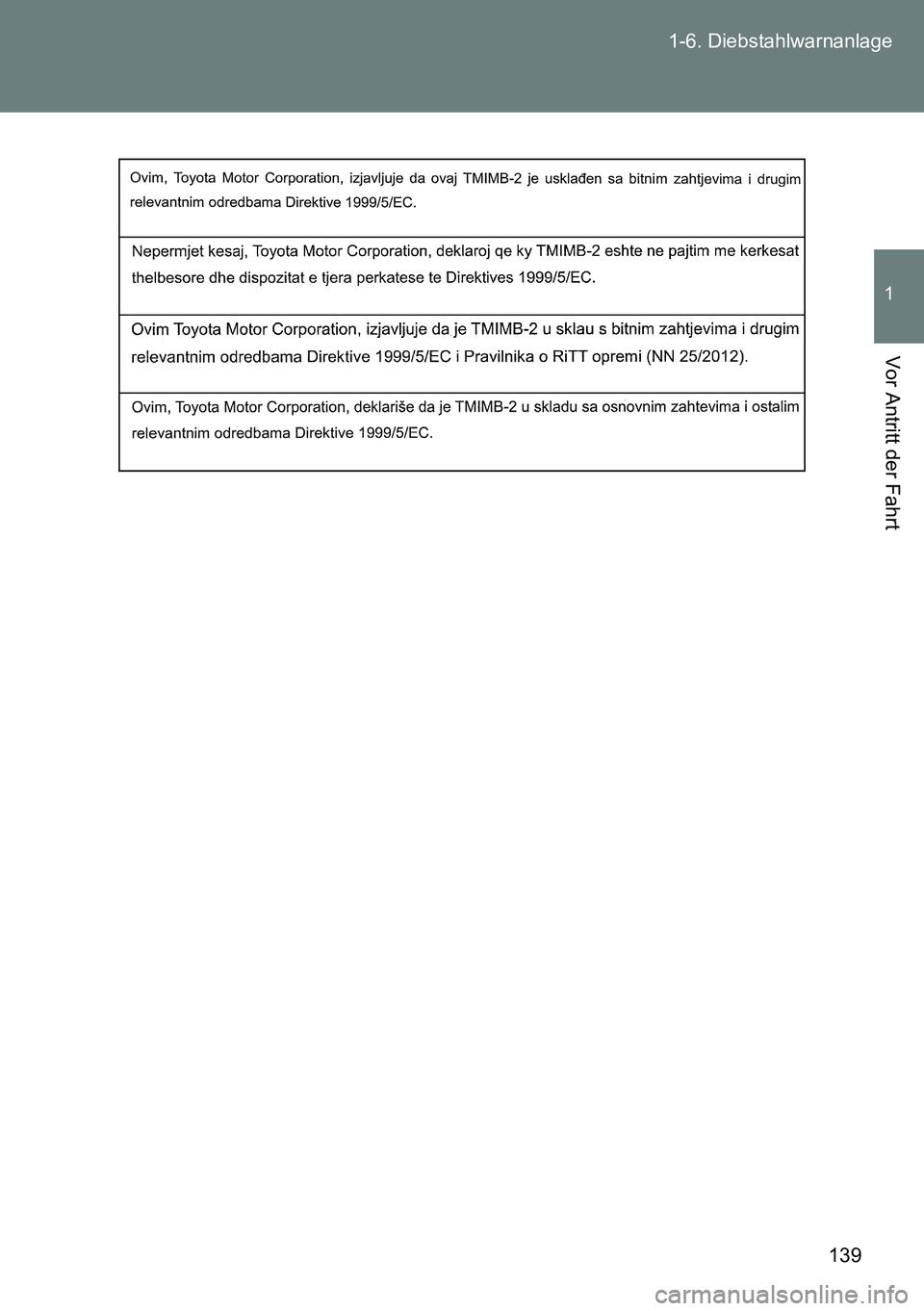 TOYOTA VERSO 2014  Betriebsanleitungen (in German) 139 1-6. Diebstahlwarnanlage
1
Vor Antritt der Fahrt 
