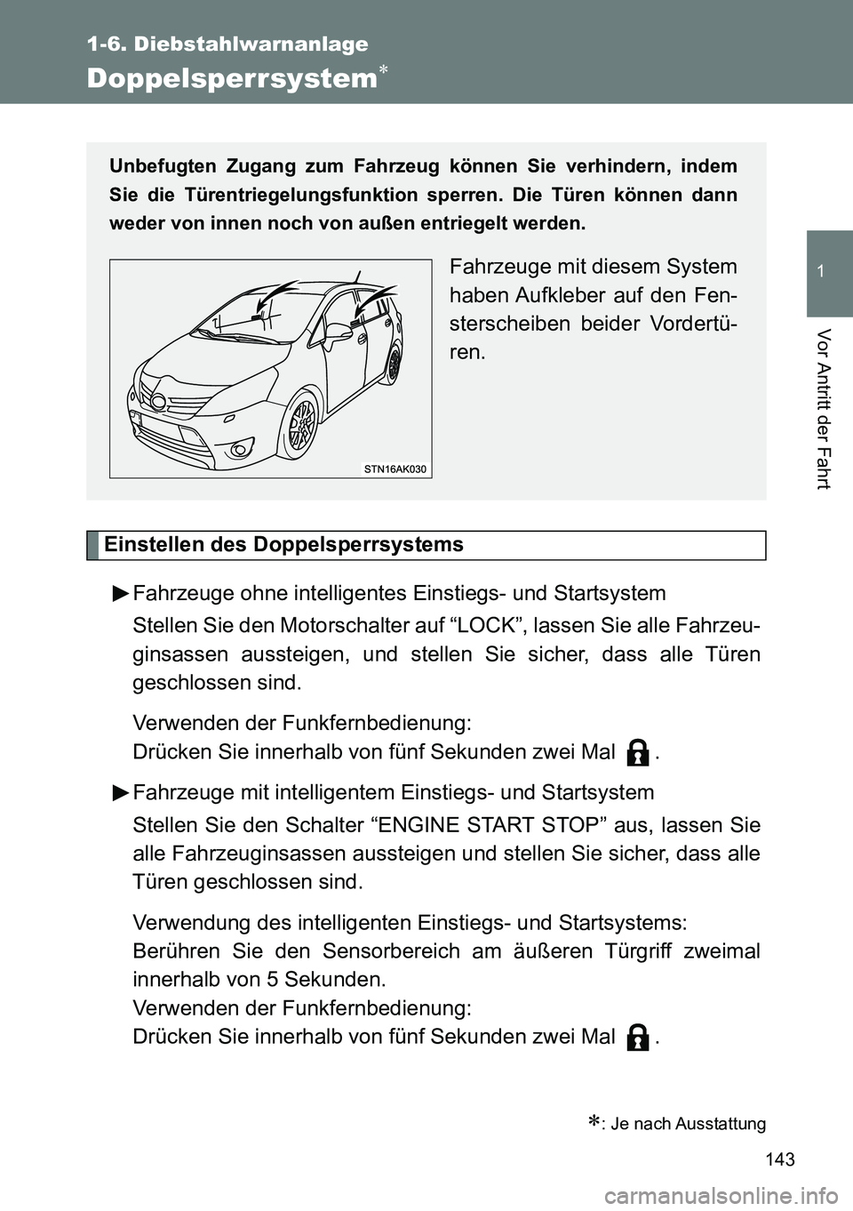 TOYOTA VERSO 2014 Betriebsanleitungen (in German) 143
1
1-6. Diebstahlwarnanlage
Vor Antritt der Fahrt
Doppelsperrsystem
Einstellen des Doppelsperrsystems
Fahrzeuge ohne intelligentes Einstiegs- und Startsystem
Stellen Sie den Motorschalter auf TOYOTA VERSO 2014 Betriebsanleitungen (in German) 143
1
1-6. Diebstahlwarnanlage
Vor Antritt der Fahrt
Doppelsperrsystem
Einstellen des Doppelsperrsystems
Fahrzeuge ohne intelligentes Einstiegs- und Startsystem
Stellen Sie den Motorschalter auf