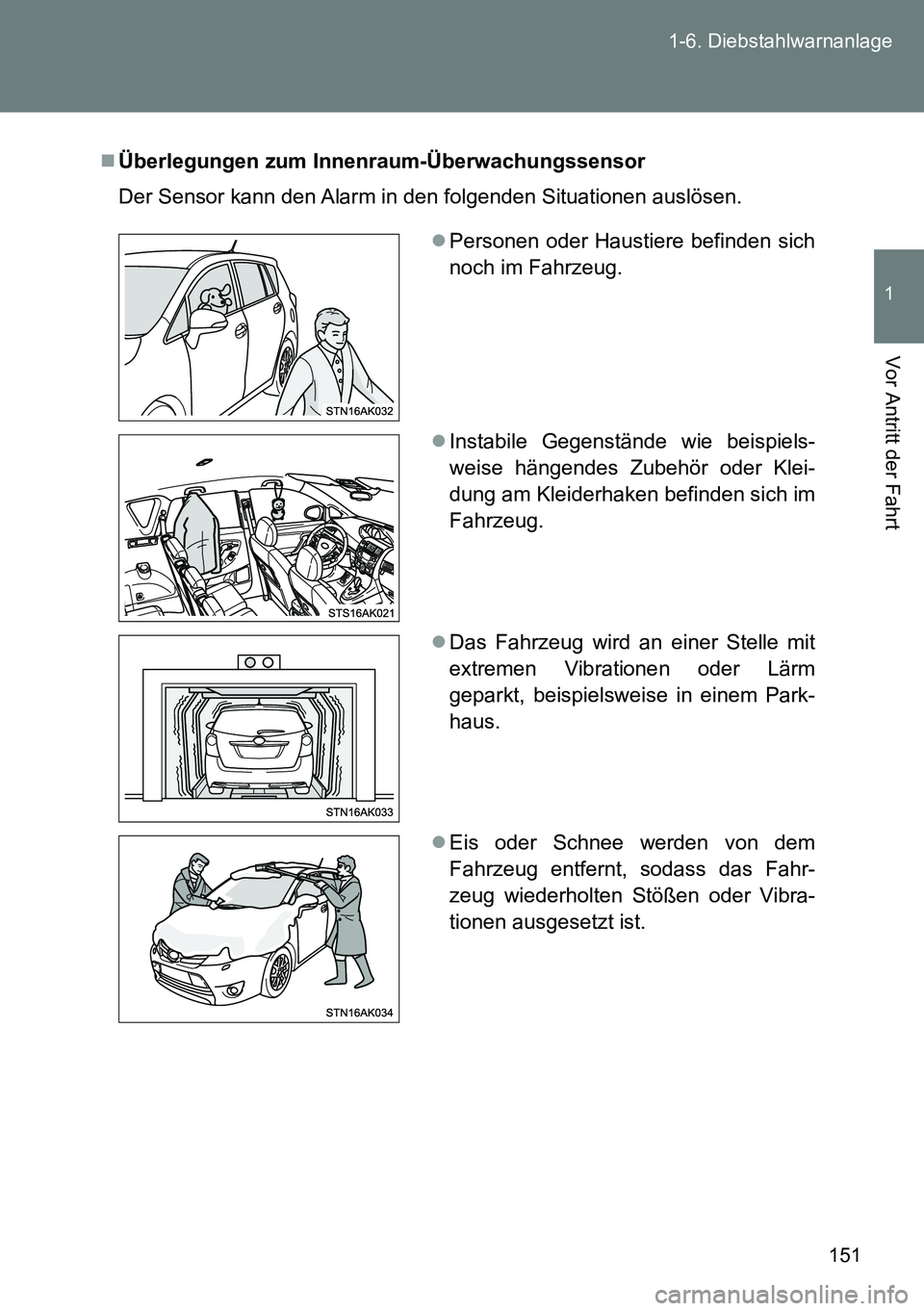 TOYOTA VERSO 2014 Betriebsanleitungen (in German) 151 1-6. Diebstahlwarnanlage
1
Vor Antritt der Fahrt
Überlegungen zum Innenraum-Überwachungssensor
Der Sensor kann den Alarm in den folgenden Situationen auslösen.
Personen oder Haustiere bef TOYOTA VERSO 2014 Betriebsanleitungen (in German) 151 1-6. Diebstahlwarnanlage
1
Vor Antritt der Fahrt
Überlegungen zum Innenraum-Überwachungssensor
Der Sensor kann den Alarm in den folgenden Situationen auslösen.
Personen oder Haustiere bef