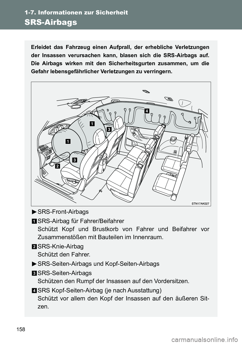 TOYOTA VERSO 2014 Betriebsanleitungen (in German) 158
1-7. Informationen zur Sicherheit
SRS-Airbags
Erleidet das Fahrzeug einen Aufprall, der erhebliche Verletzungen
der Insassen verursachen kann, blasen sich die SRS-Airbags auf.
Die Airbags wirken m TOYOTA VERSO 2014 Betriebsanleitungen (in German) 158
1-7. Informationen zur Sicherheit
SRS-Airbags
Erleidet das Fahrzeug einen Aufprall, der erhebliche Verletzungen
der Insassen verursachen kann, blasen sich die SRS-Airbags auf.
Die Airbags wirken m