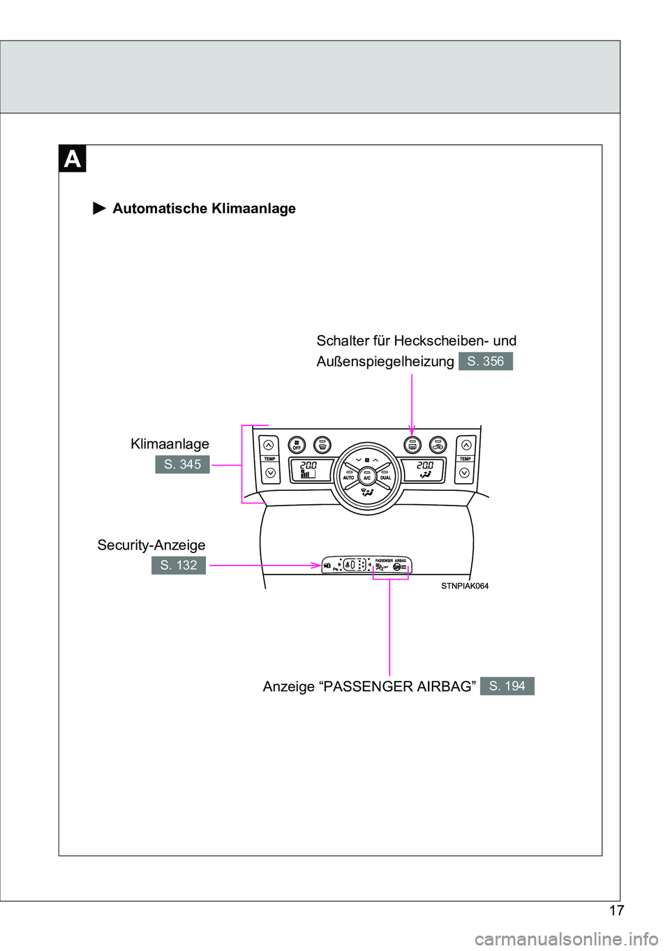 TOYOTA VERSO 2014  Betriebsanleitungen (in German) 17
 Automatische Klimaanlage
Security-Anzeige
S. 132
Schalter für Heckscheiben- und 
Außenspiegelheizung 
S. 356
Anzeige “PASSENGER AIRBAG” S. 194
Klimaanlage
S. 345 