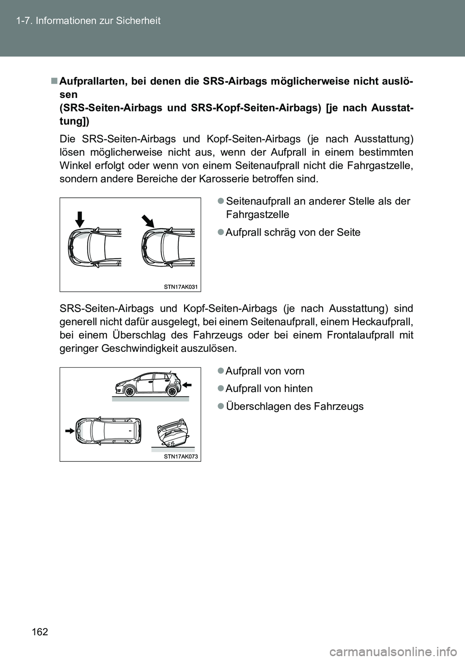 TOYOTA VERSO 2014  Betriebsanleitungen (in German) 162 1-7. Informationen zur Sicherheit
Aufprallarten, bei denen die SRS-Airbags möglicherweise nicht auslö-
sen 
(SRS-Seiten-Airbags und SRS-Kopf-Seiten-Airbags) [je nach Ausstat-
tung])
Die SRS-S