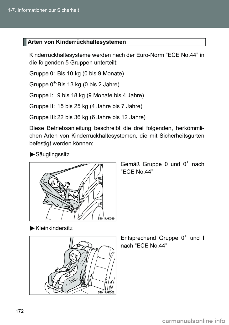 TOYOTA VERSO 2014 Betriebsanleitungen (in German) 172 1-7. Informationen zur Sicherheit
Arten von Kinderrückhaltesystemen
Kinderrückhaltesysteme werden nach der Euro-Norm “ECE No.44” in
die folgenden 5 Gruppen unterteilt:
Gruppe 0: Bis 10 kg (0 TOYOTA VERSO 2014 Betriebsanleitungen (in German) 172 1-7. Informationen zur Sicherheit
Arten von Kinderrückhaltesystemen
Kinderrückhaltesysteme werden nach der Euro-Norm “ECE No.44” in
die folgenden 5 Gruppen unterteilt:
Gruppe 0: Bis 10 kg (0