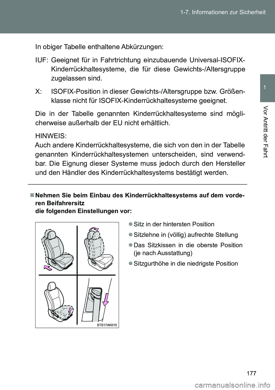 TOYOTA VERSO 2014 Betriebsanleitungen (in German) 177 1-7. Informationen zur Sicherheit
1
Vor Antritt der Fahrt
In obiger Tabelle enthaltene Abkürzungen:
IUF: Geeignet für in Fahrtrichtung einzubauende Universal-ISOFIX-
Kinderrückhaltesysteme, die TOYOTA VERSO 2014 Betriebsanleitungen (in German) 177 1-7. Informationen zur Sicherheit
1
Vor Antritt der Fahrt
In obiger Tabelle enthaltene Abkürzungen:
IUF: Geeignet für in Fahrtrichtung einzubauende Universal-ISOFIX-
Kinderrückhaltesysteme, die