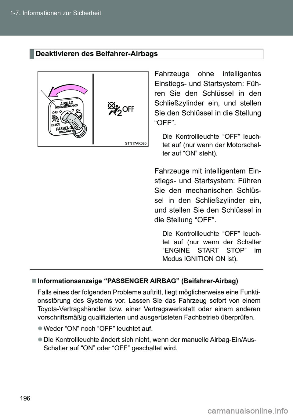 TOYOTA VERSO 2014 Betriebsanleitungen (in German) 196 1-7. Informationen zur Sicherheit
Deaktivieren des Beifahrer-Airbags
Fahrzeuge ohne intelligentes
Einstiegs- und Startsystem: Füh-
ren Sie den Schlüssel in den
Schließzylinder ein, und stellen
TOYOTA VERSO 2014 Betriebsanleitungen (in German) 196 1-7. Informationen zur Sicherheit
Deaktivieren des Beifahrer-Airbags
Fahrzeuge ohne intelligentes
Einstiegs- und Startsystem: Füh-
ren Sie den Schlüssel in den
Schließzylinder ein, und stellen